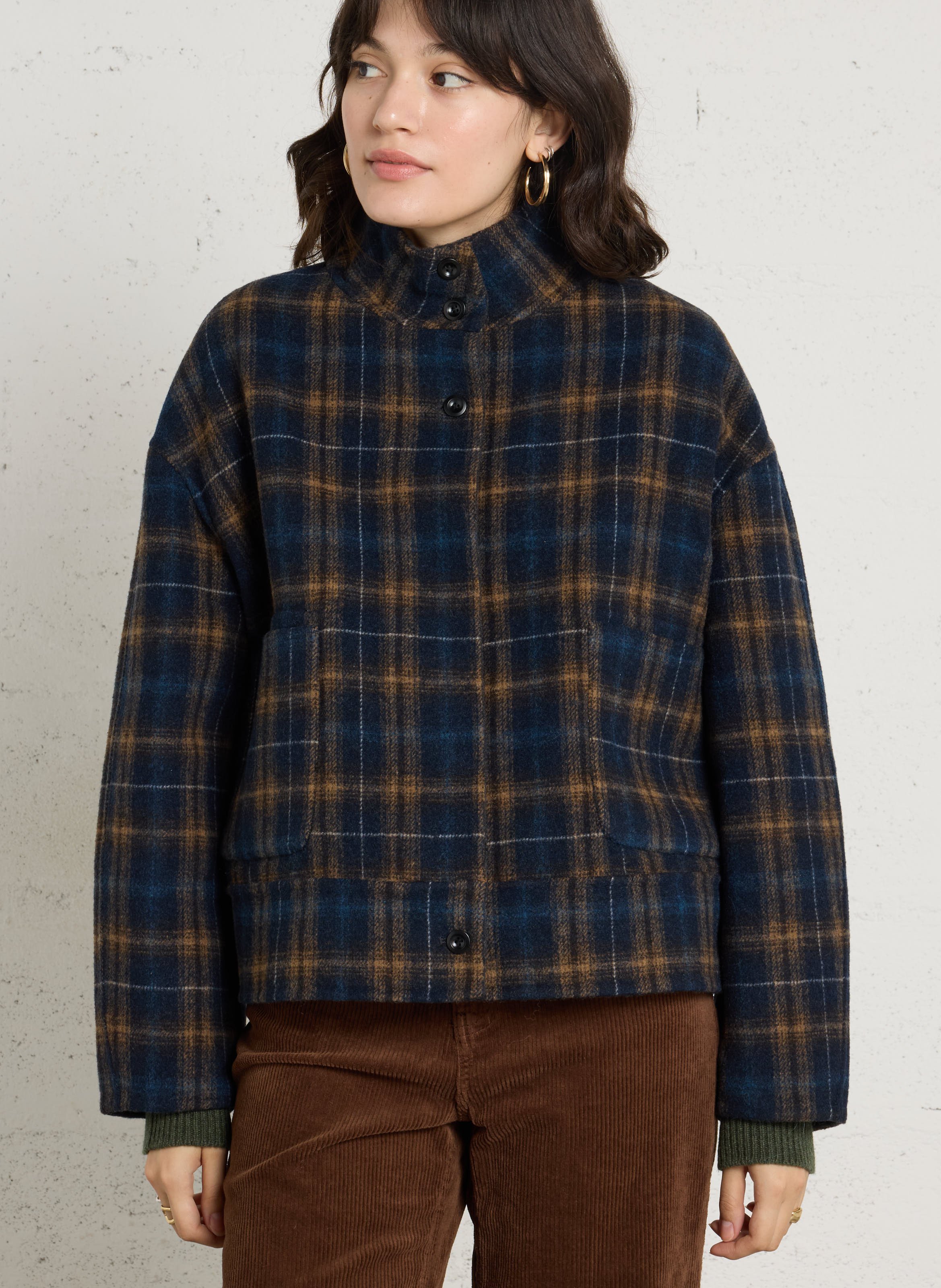Straight high-neck jacket in checked wool blend SEE U SOON Blue