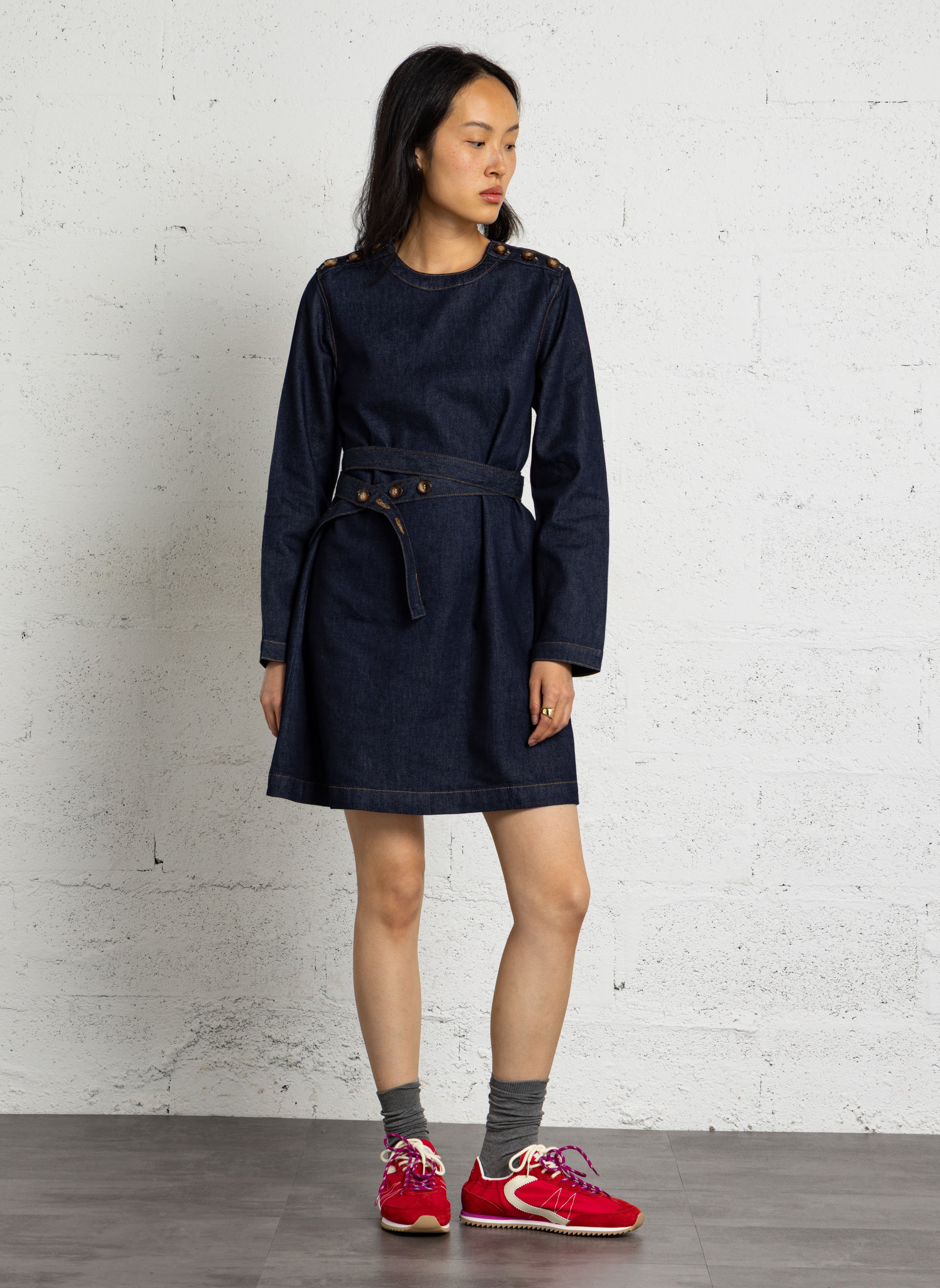 Korte jurk met ronde hals van gemengde katoendenim LA PETITE ETOILE Blauw