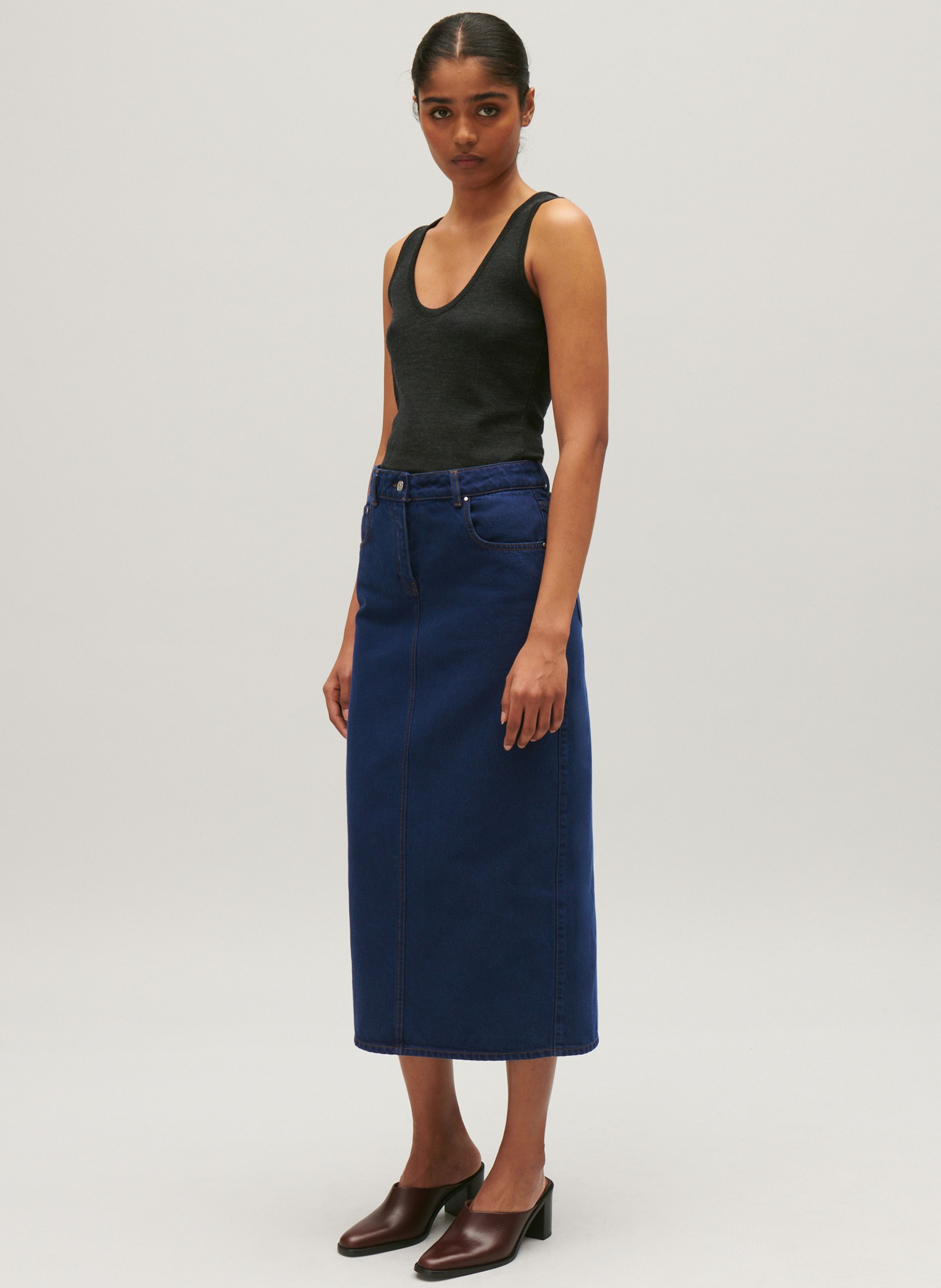 Blue Mid rise denim midi skirt