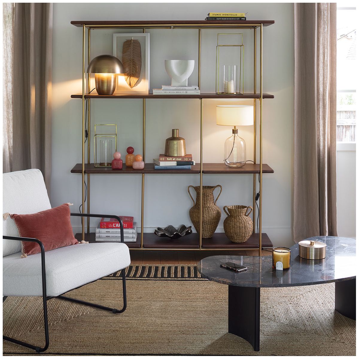 Fauteuil en velours  côtelé et métal BLANC D'IVOIRE Rouge