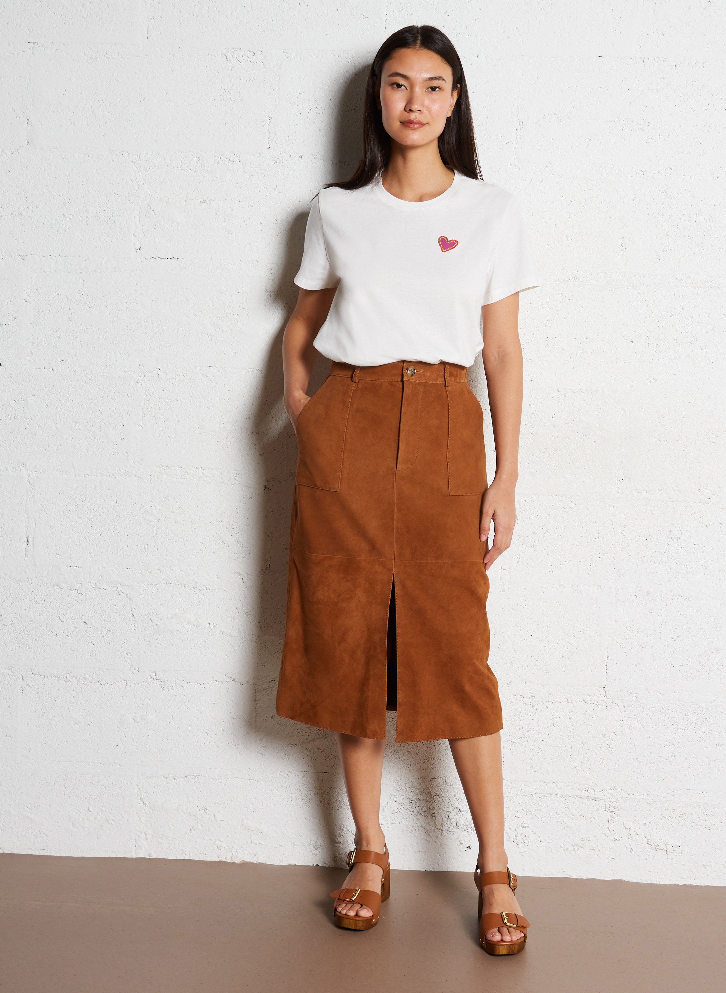 Straight round-neck cotton T-shirt with screen print LA PETITE ETOILE Beige