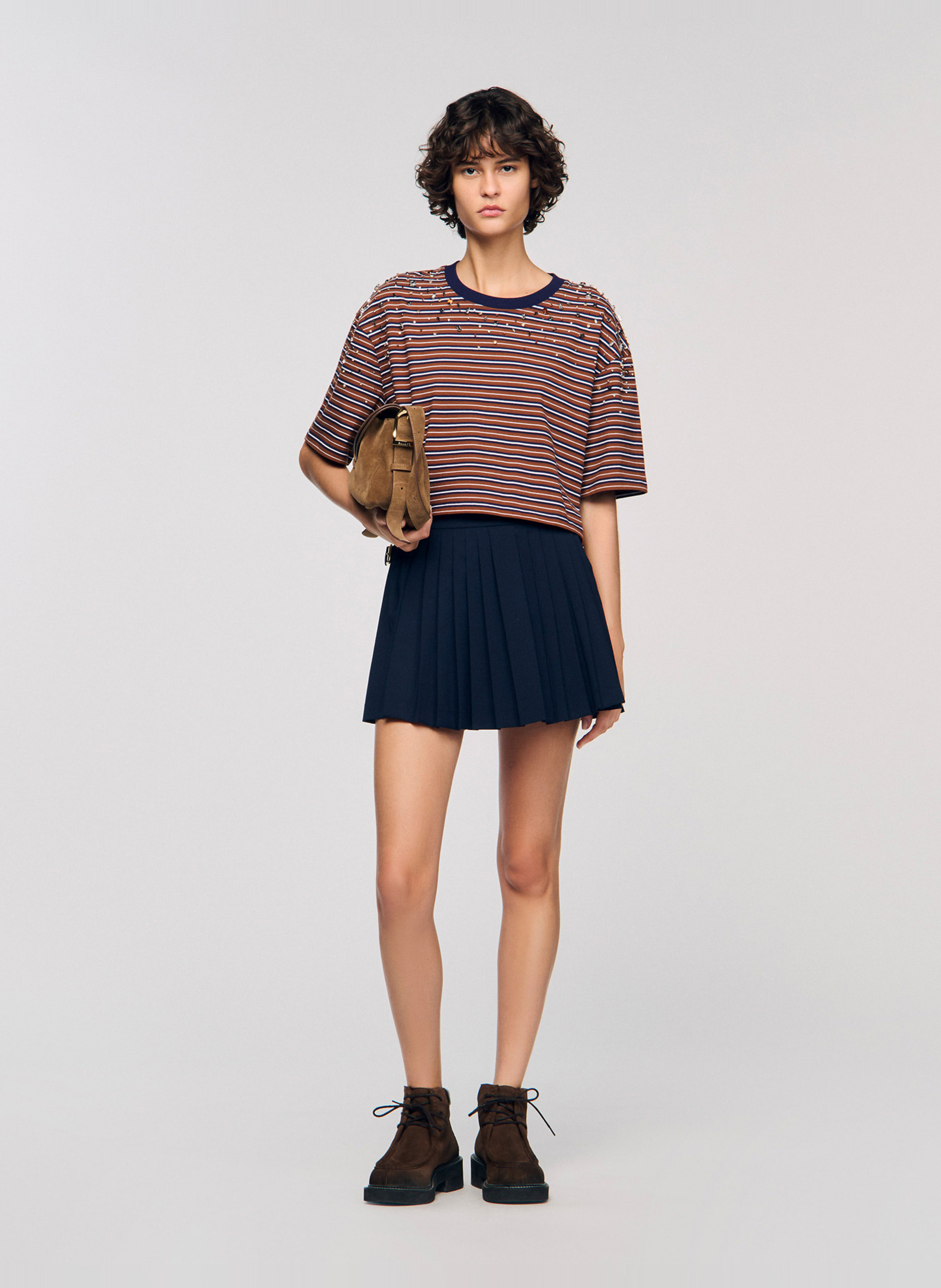 Tee-shirt ample col rond en coton SANDRO Marron