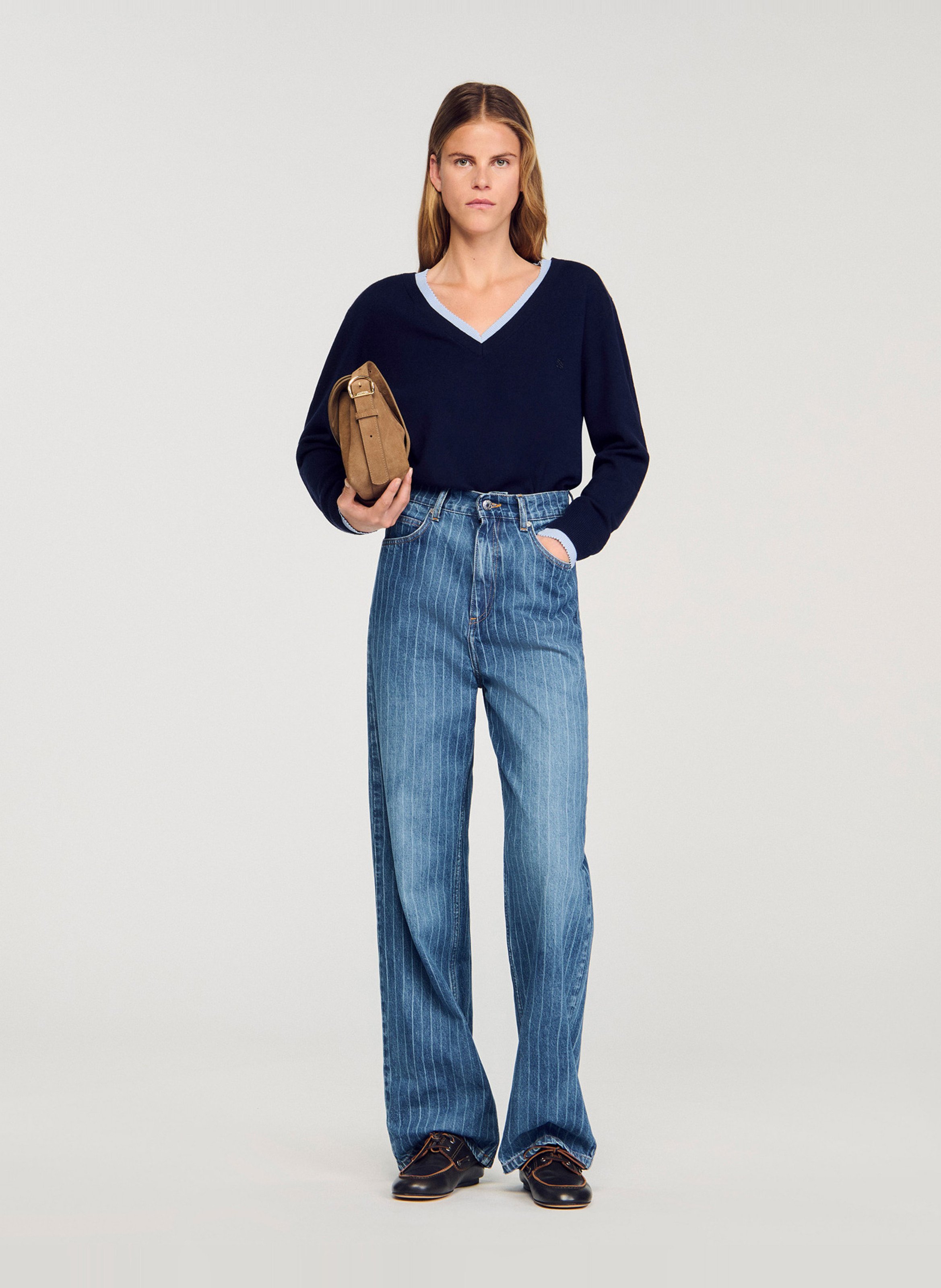 Pull oversize col V en laine et cachemire SANDRO Bleu