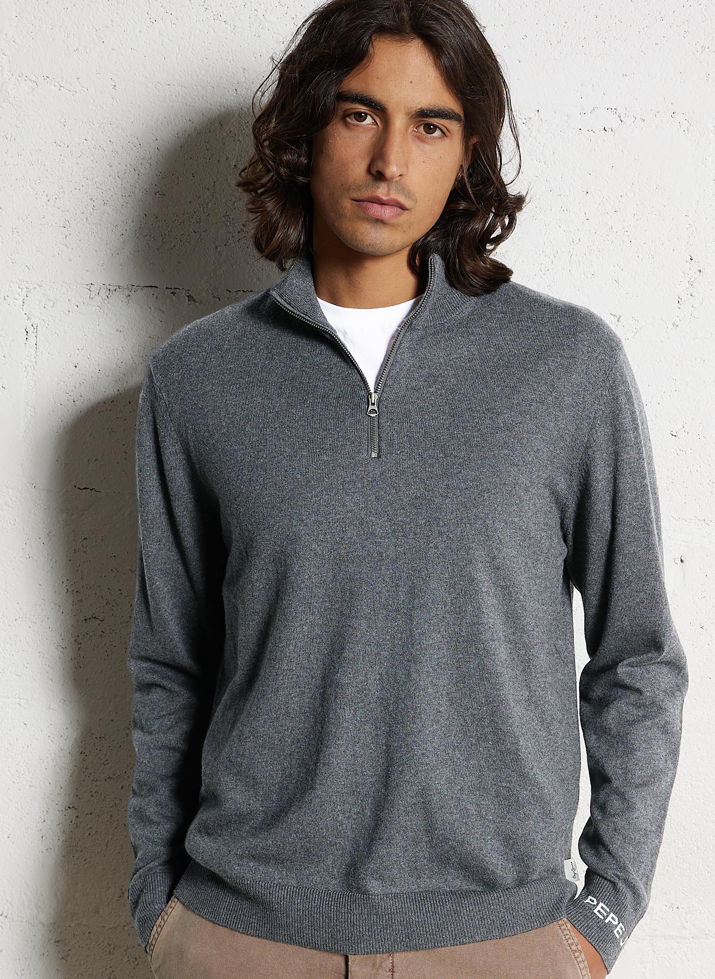 Gerader Pullover mit Stehkragen aus Baumwolle und Kaschmir PEPE JEANS Grau