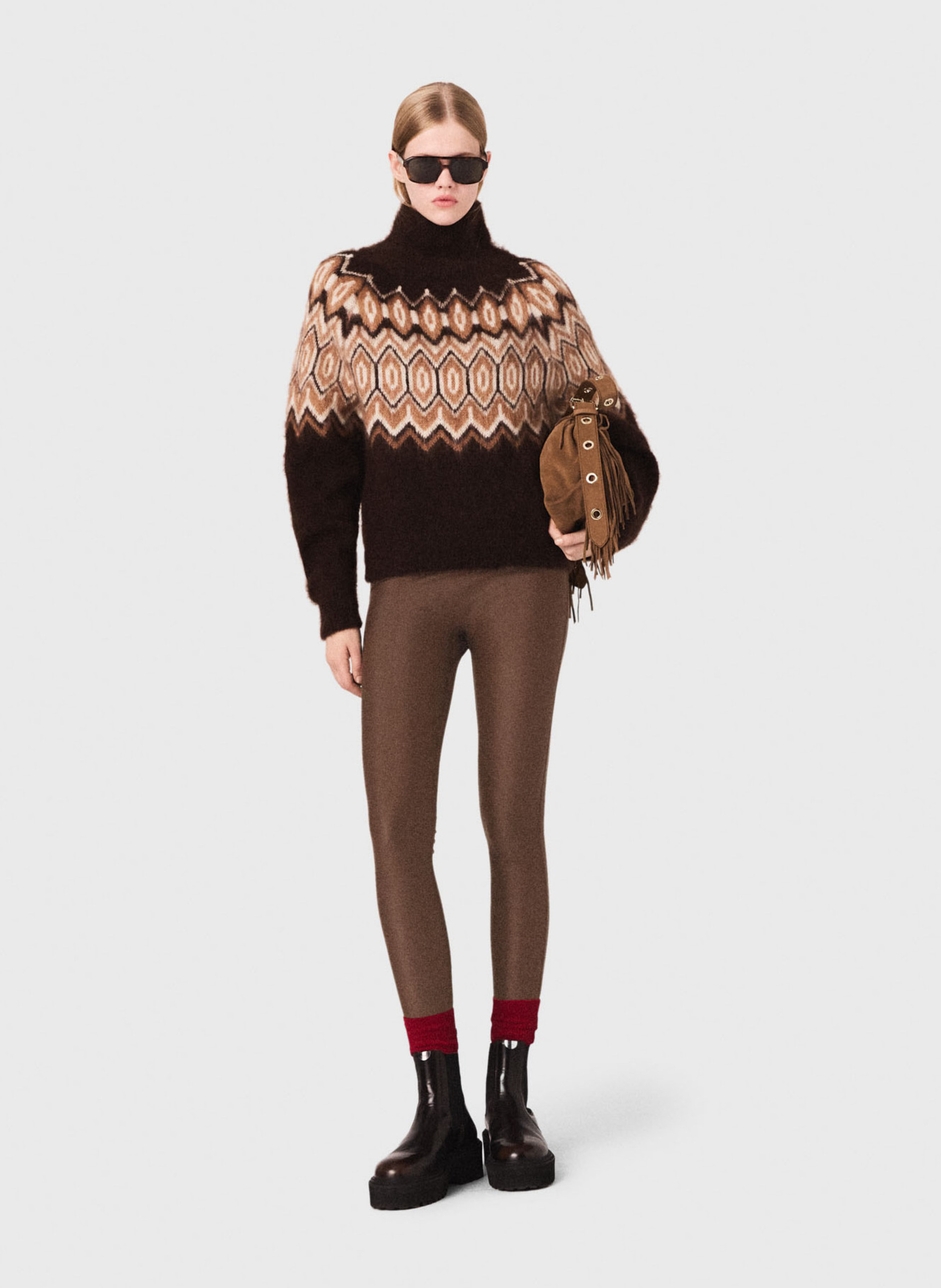 Pull jacquard col montant  MAJE Marron