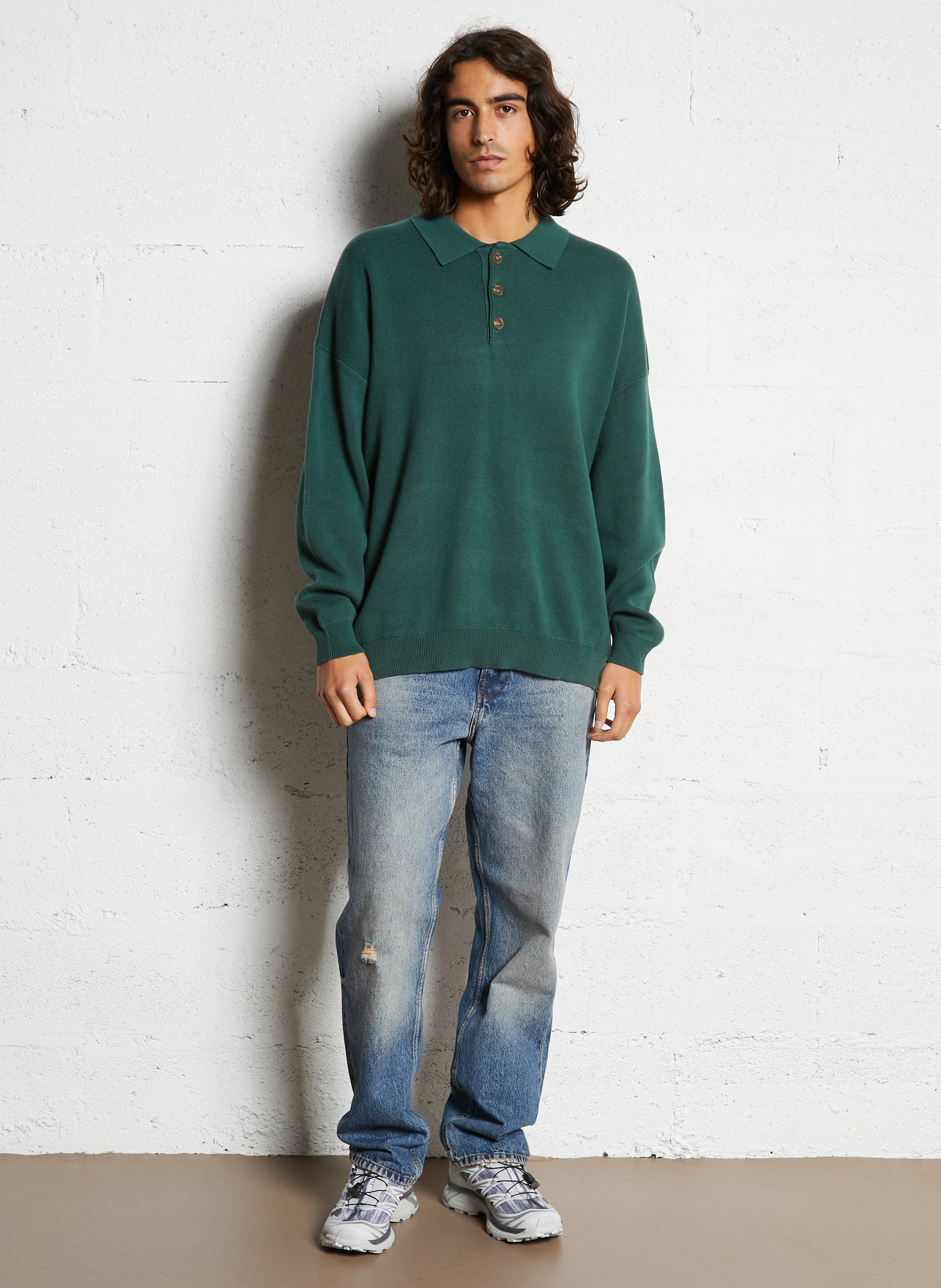 Polo-neck cotton sweater SOLID Green