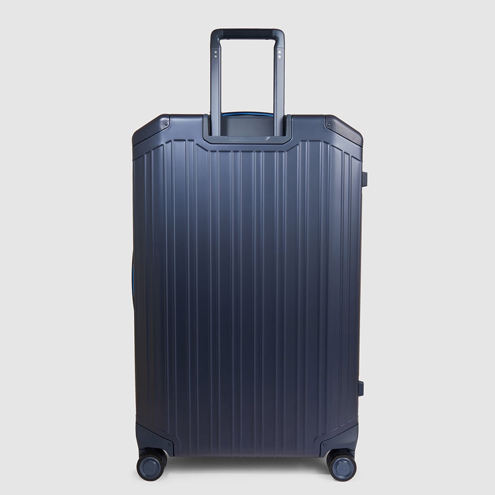 Large 4-wheel aluminum and leather trolley suitcase with TSA lock and waterproof cover PIQUADRO Blue