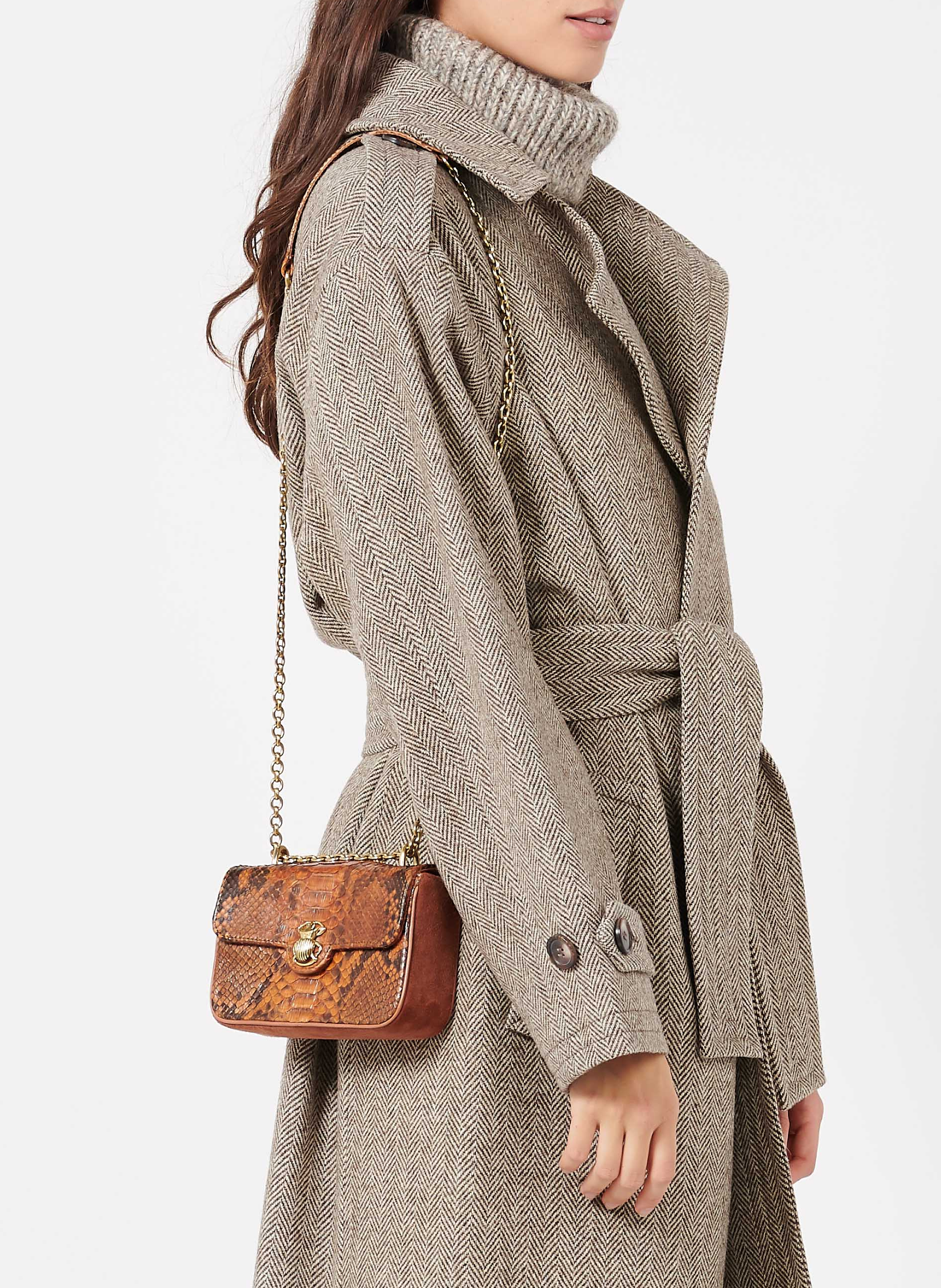 Snakeskin and velvet leather shoulder bag CLARIS VIROT Brown