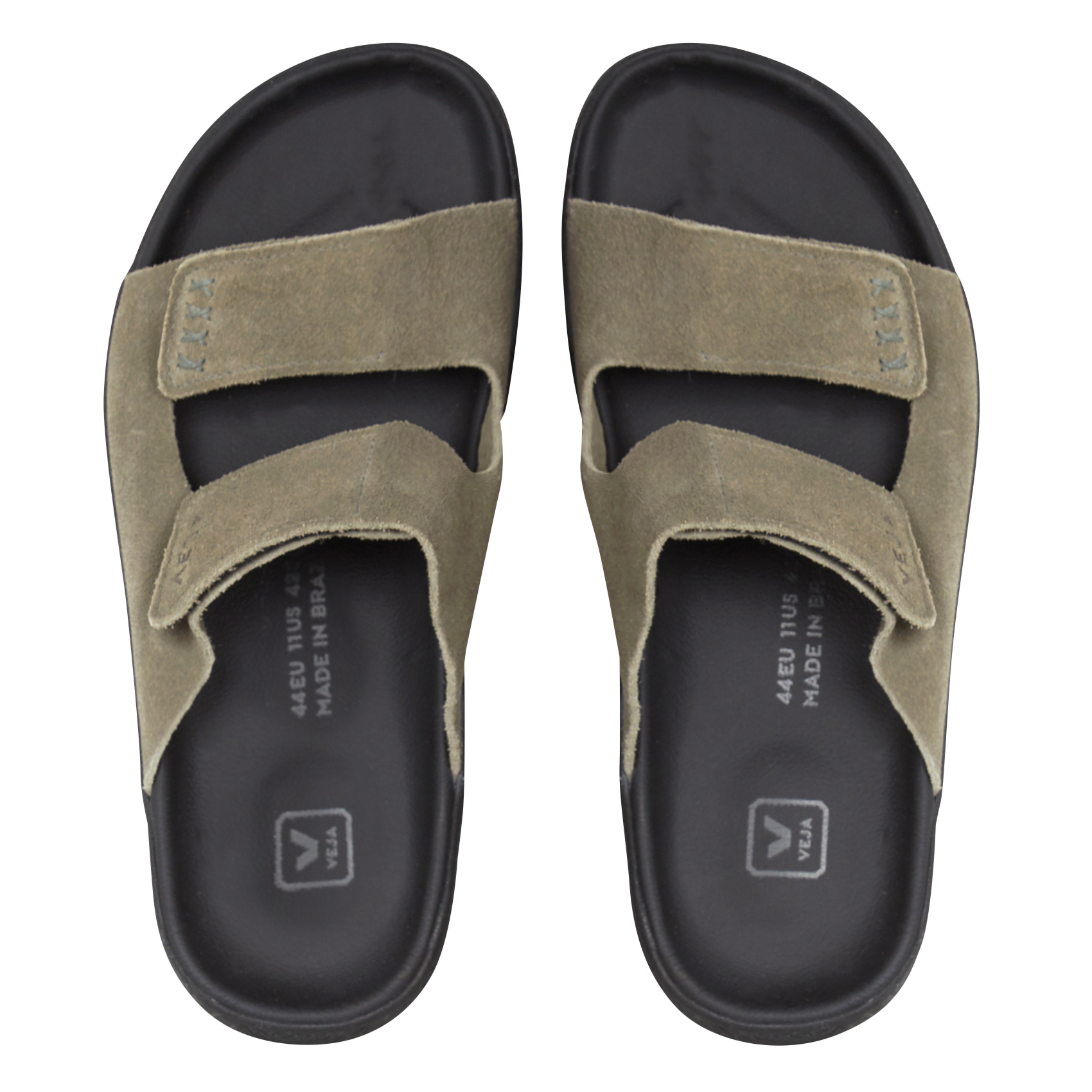 Flache Ledersandalen mit Samt VEJA Khaki