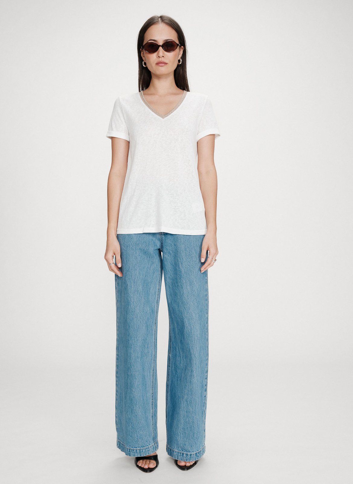 Tee-shirt col V en coton mélangé GRACE ET MILA Blanc