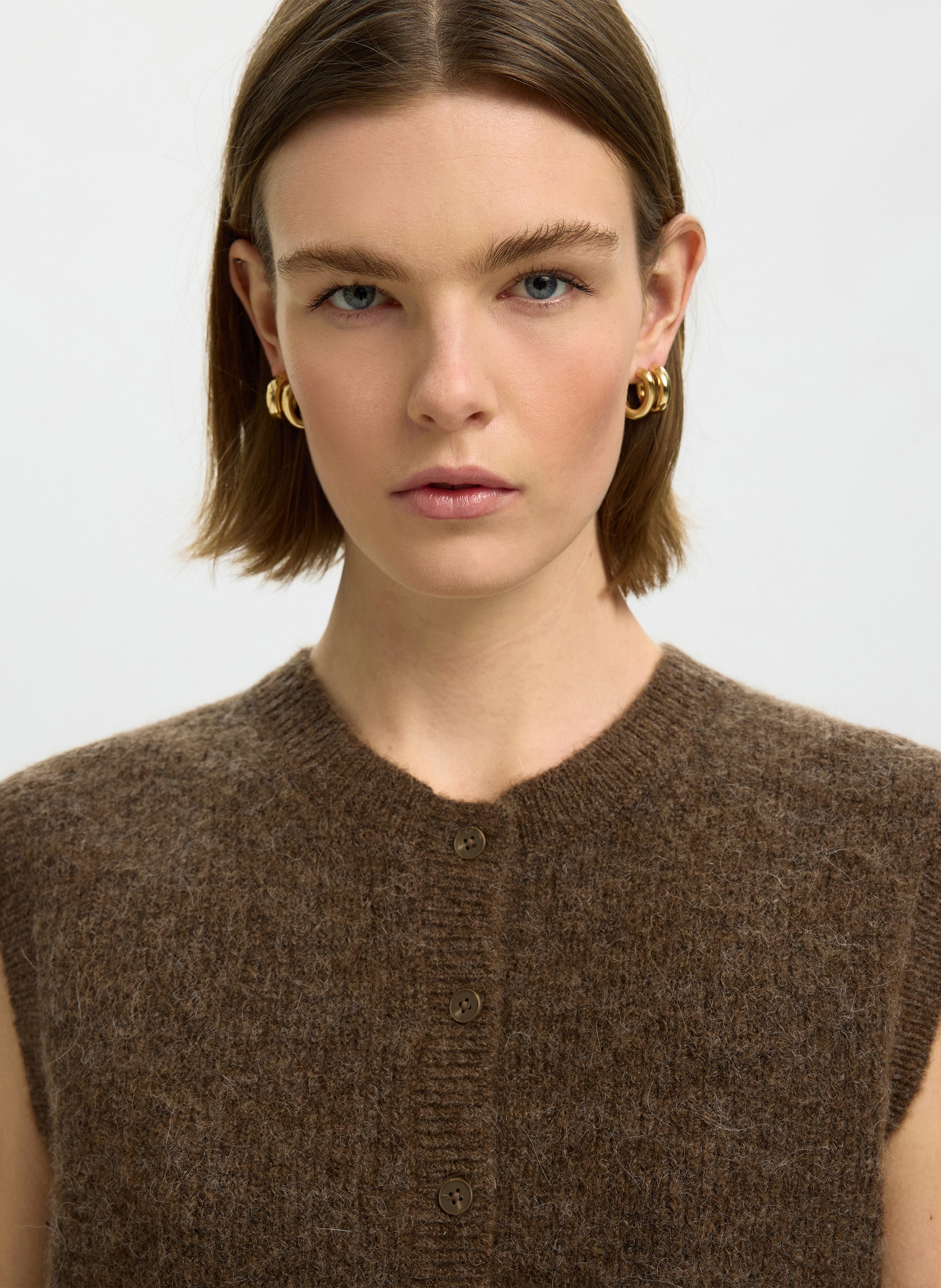 Gilet droit col rond en laine mélangée SELECTED Marron