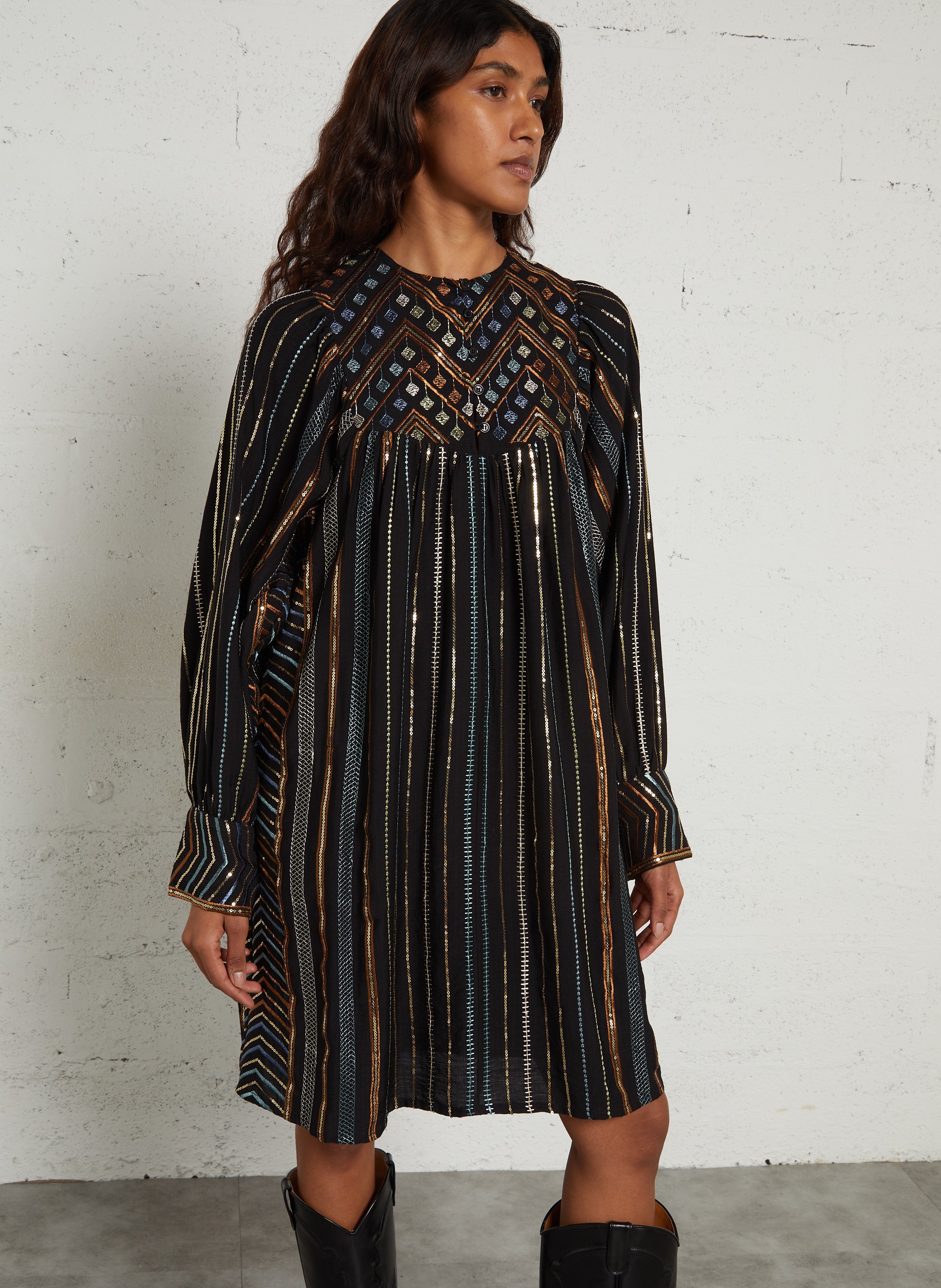 Kurzes, weites Kleid mit Stickmotiven SEE U SOON Schwarz