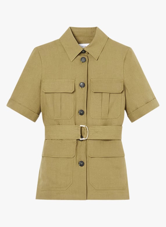 Veste saharienne col chemise en lin melange Kaki