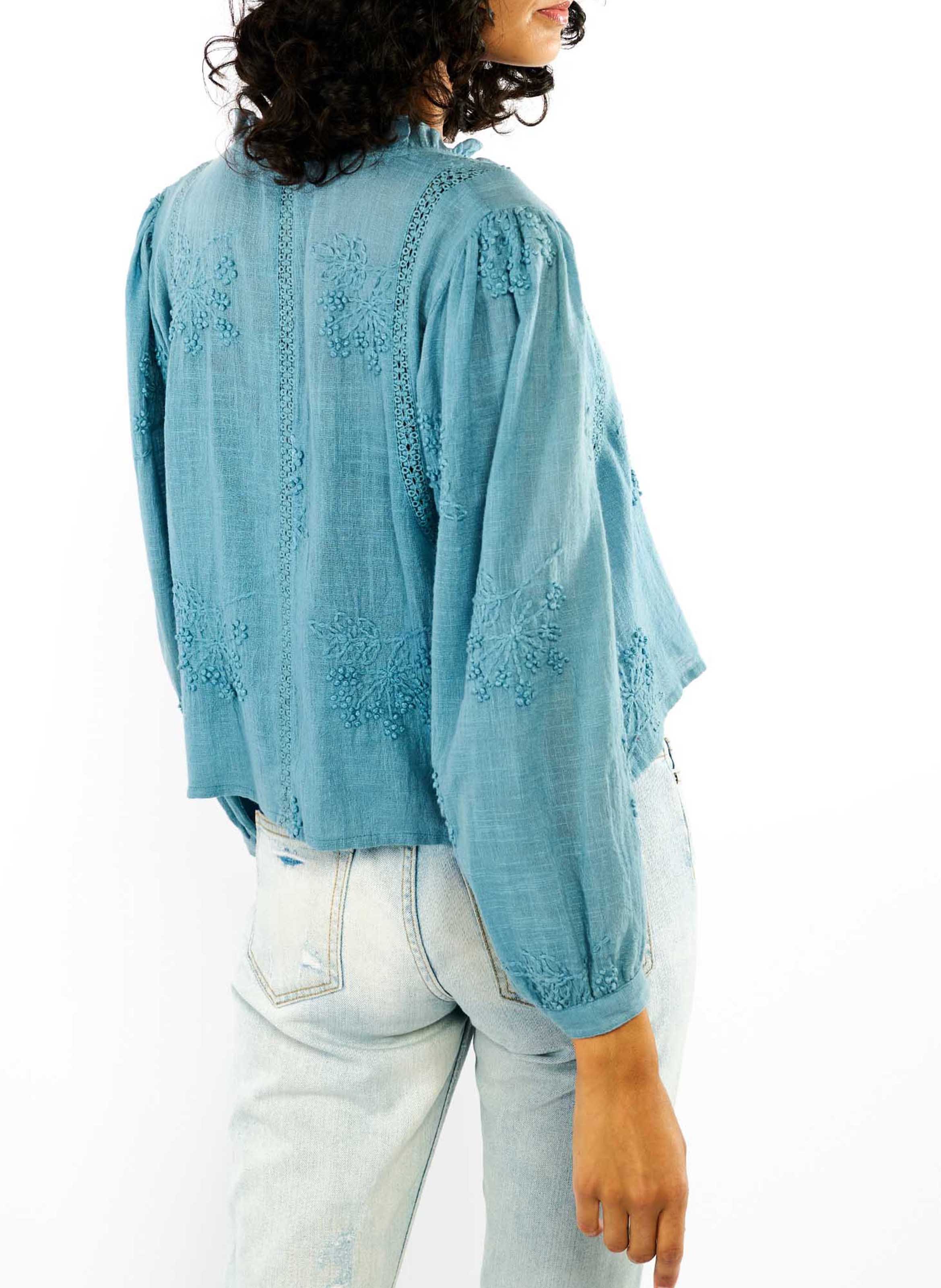 Embroidered cotton Tunisian collar top WILD Blue
