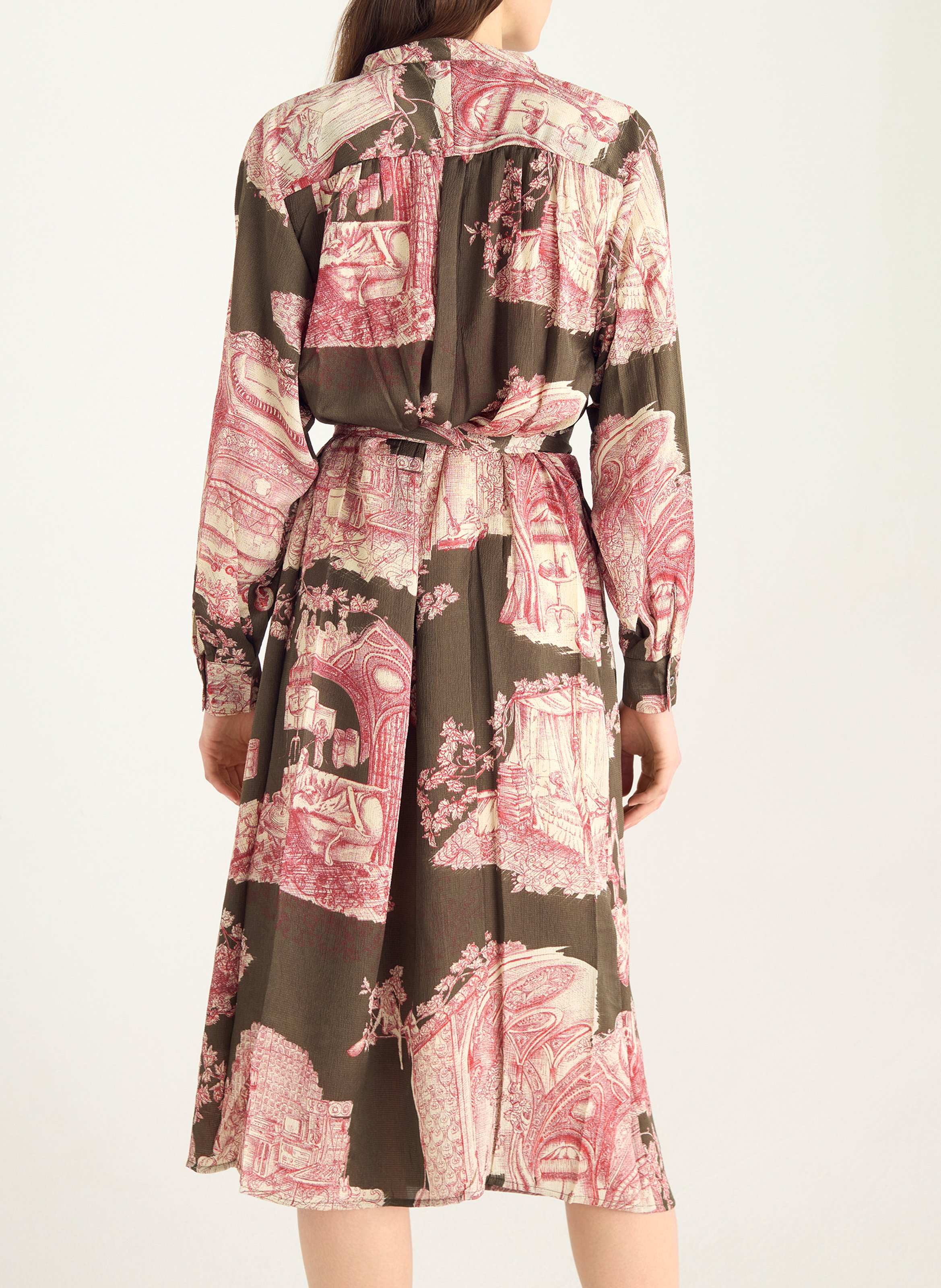 Wijde lange jurk met opstaande kraag en print COTELAC Groen