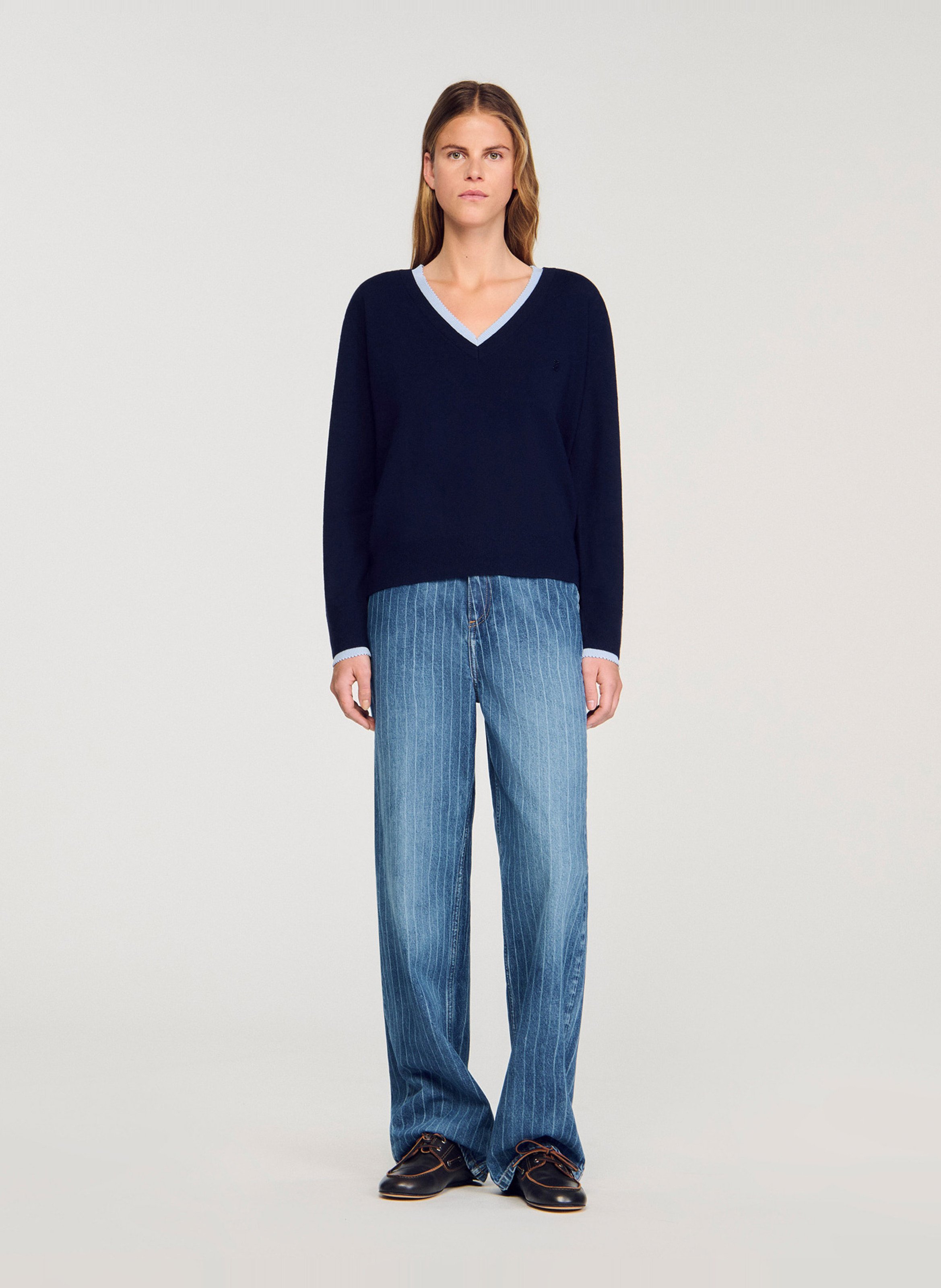 Pull oversize col V en laine et cachemire SANDRO Bleu