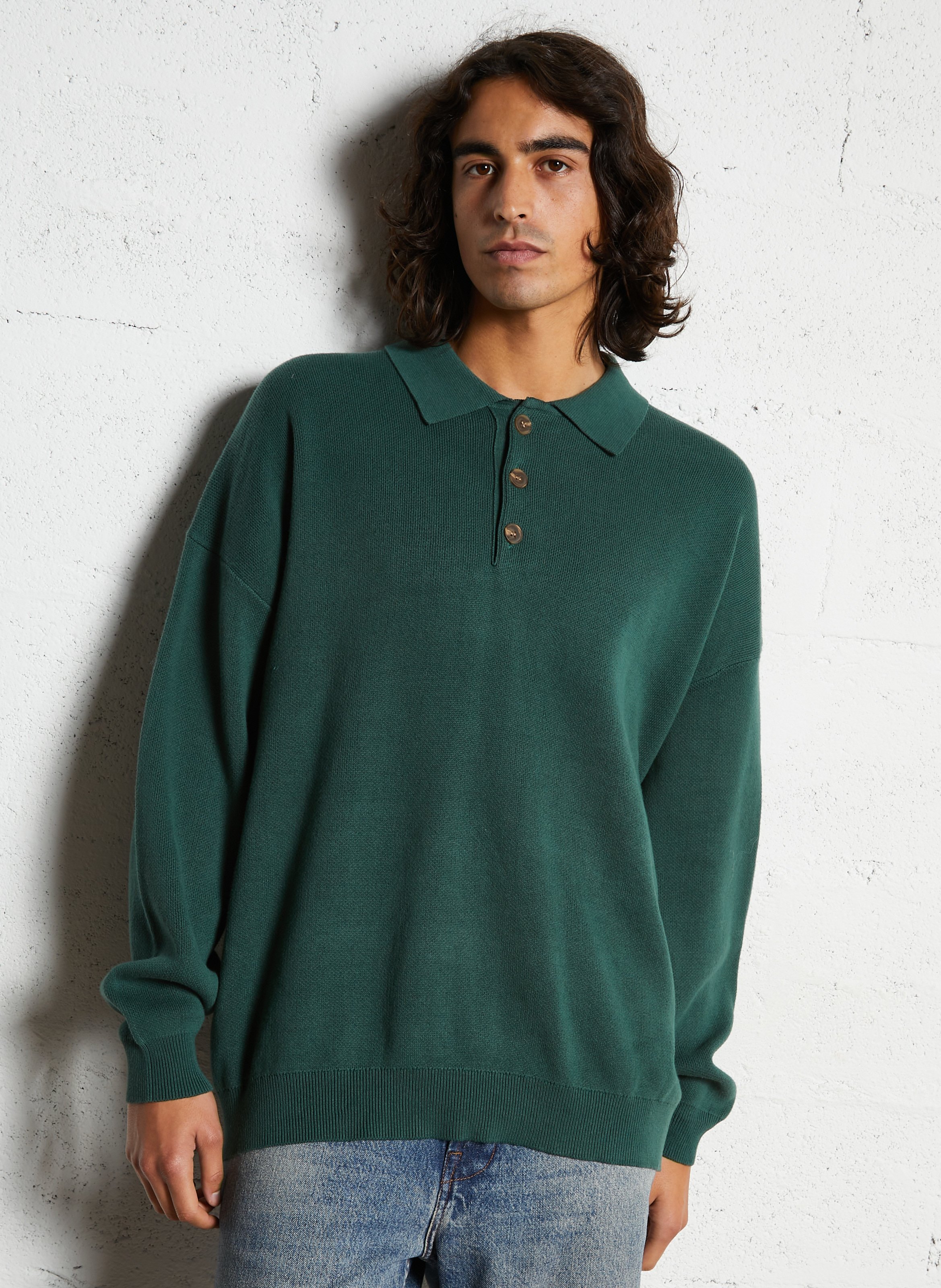 Polo-neck cotton sweater SOLID Green