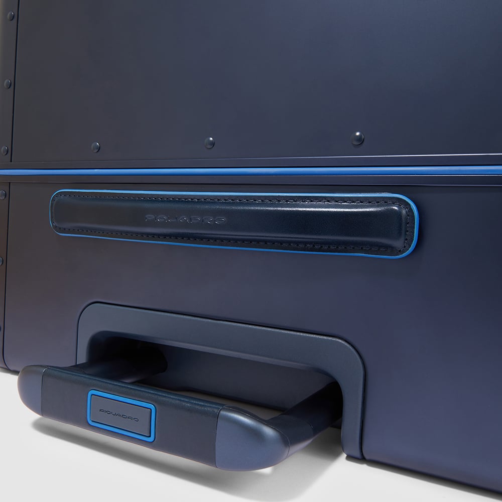 Large 4-wheel aluminum and leather trolley suitcase with TSA lock and waterproof cover PIQUADRO Blue