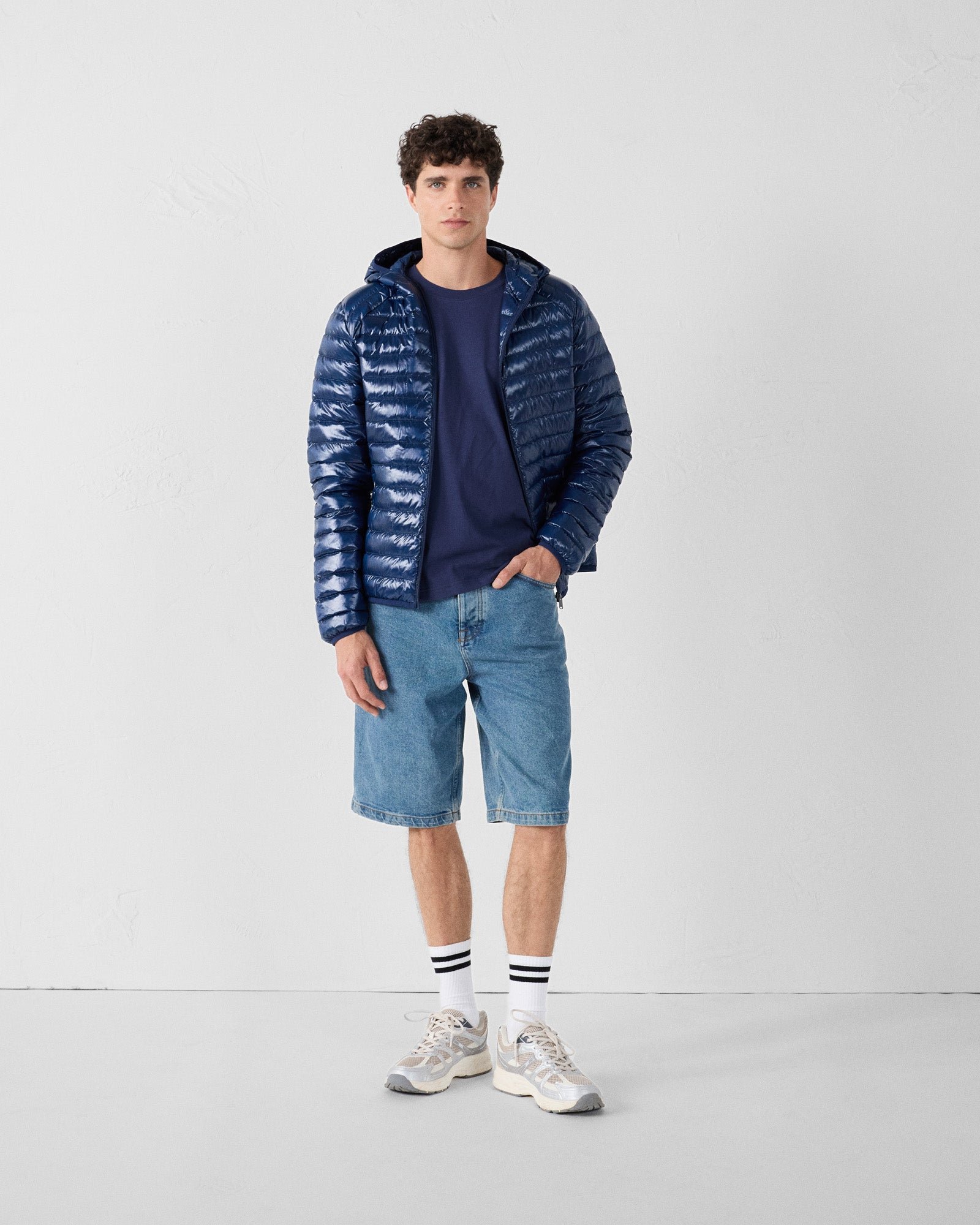 Lightweight shiny hooded down jacket JOTT Blue