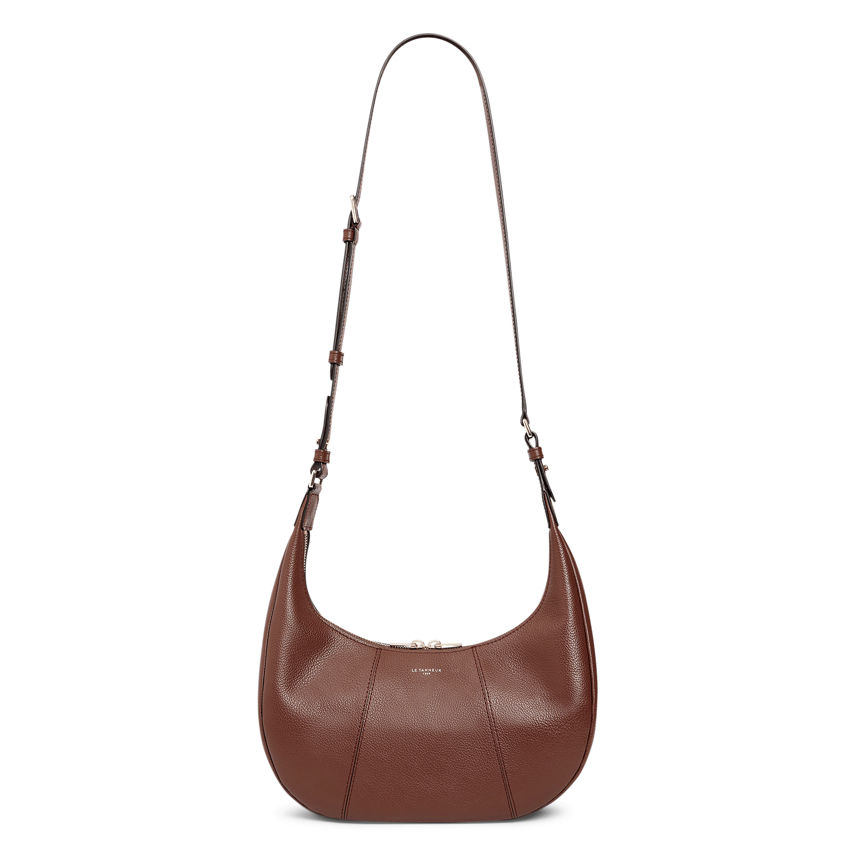 Kleine hobo tas met rits in korrelig leer Bruin