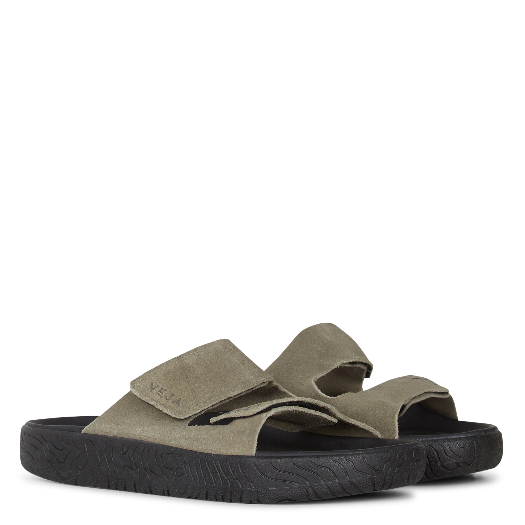 Flache Ledersandalen mit Samt VEJA Khaki