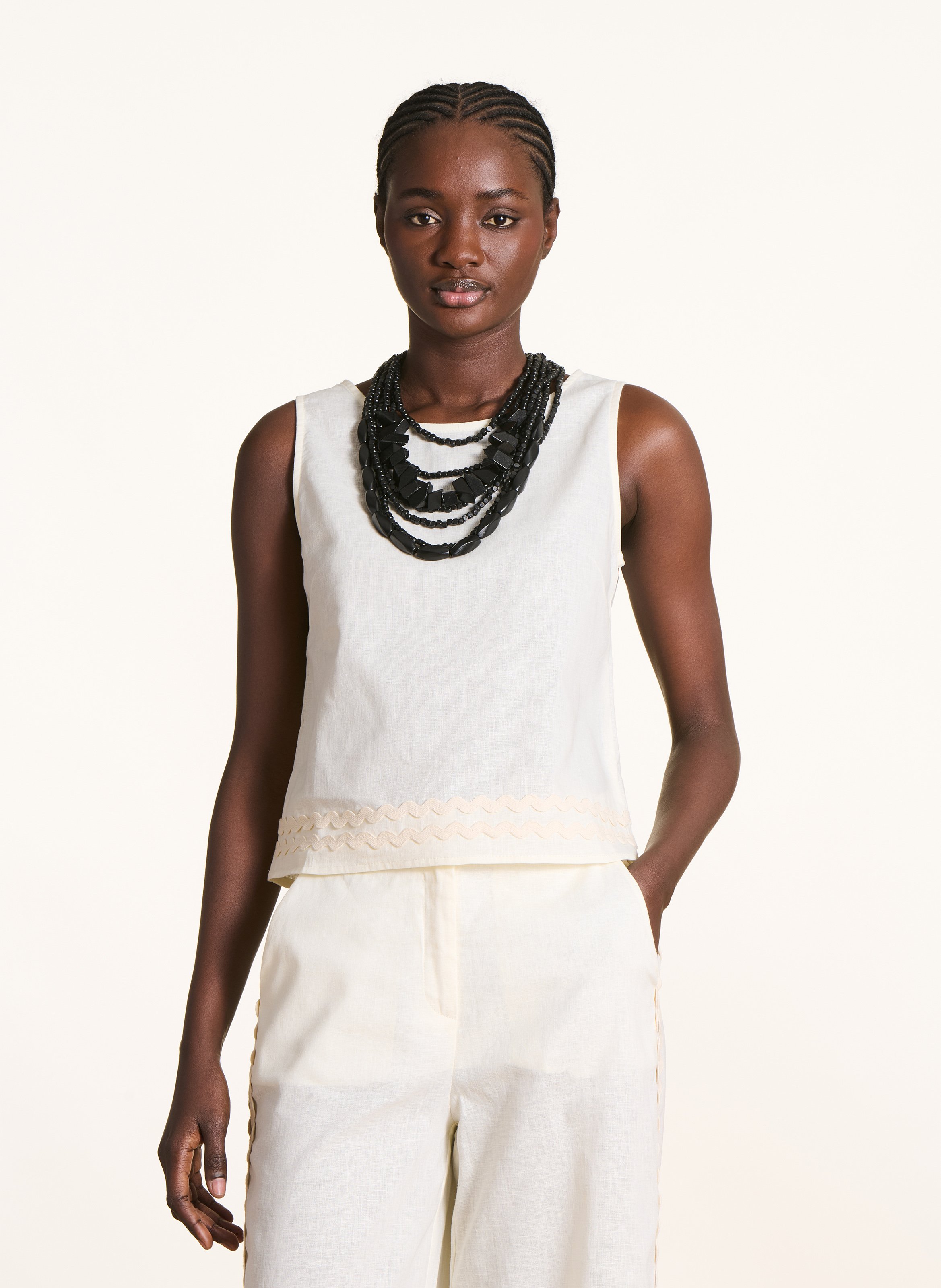 Round-neck cotton- and linen-blend top LA FEE MARABOUTEE White