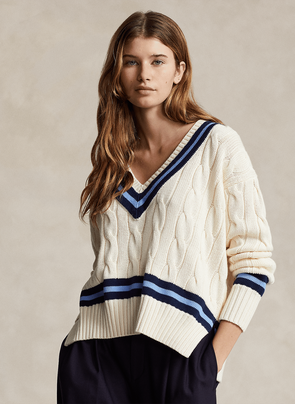 Blauw-witgestreepte trui met V-hals Héritage POLO RALPH LAUREN Wit