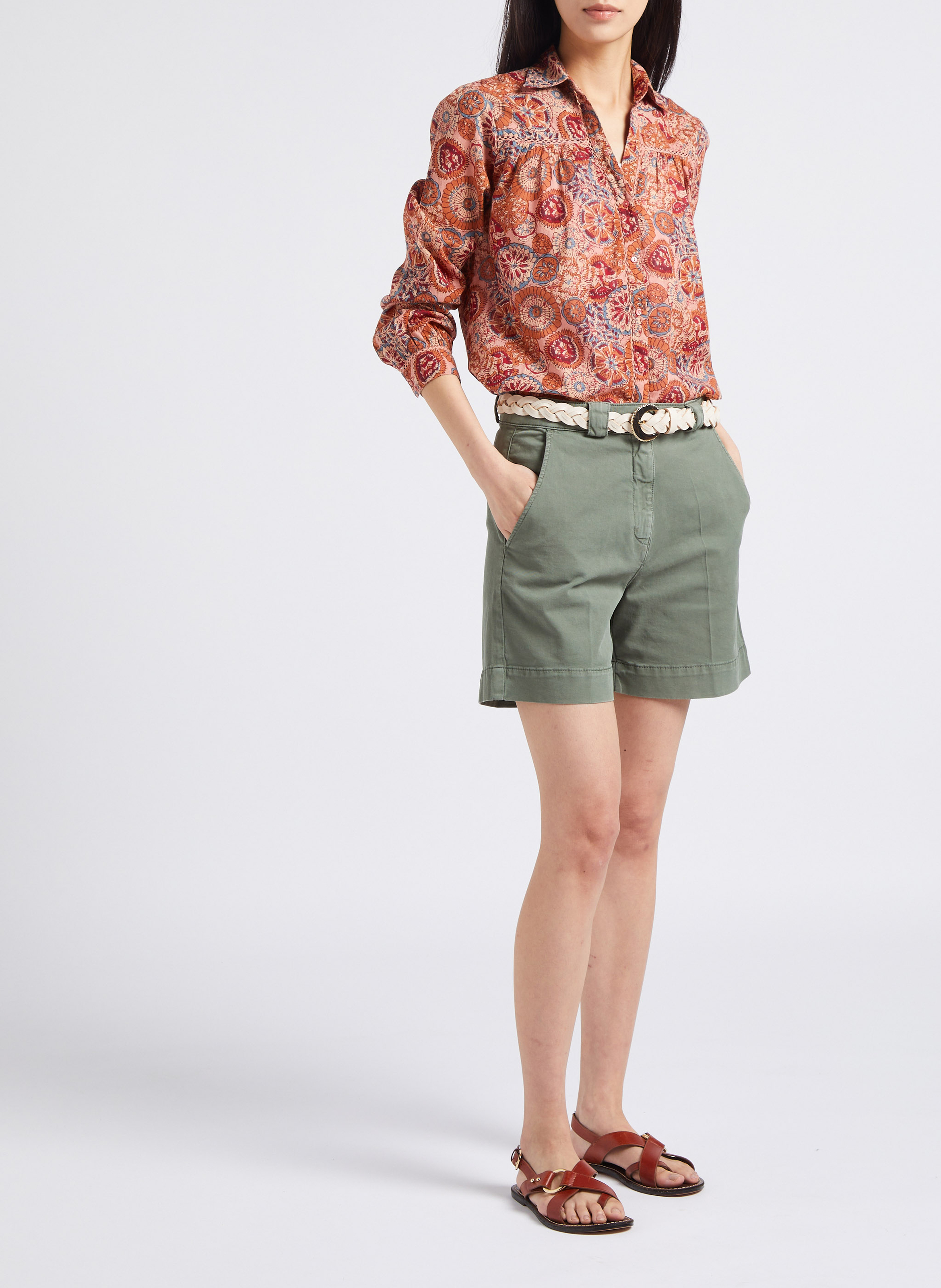 Short large en coton mélangé Kaki