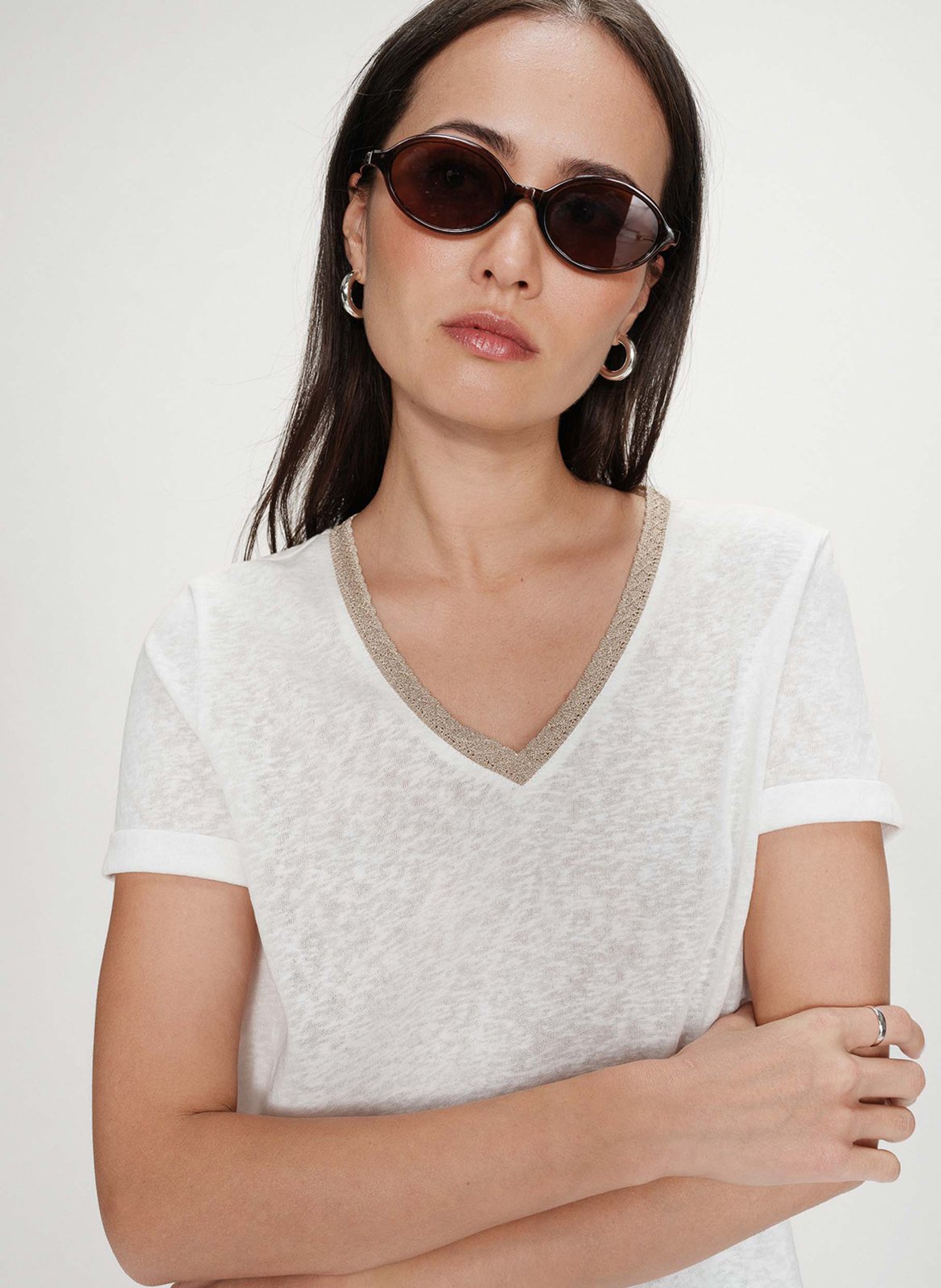 Tee-shirt col V en coton mélangé GRACE ET MILA Blanc