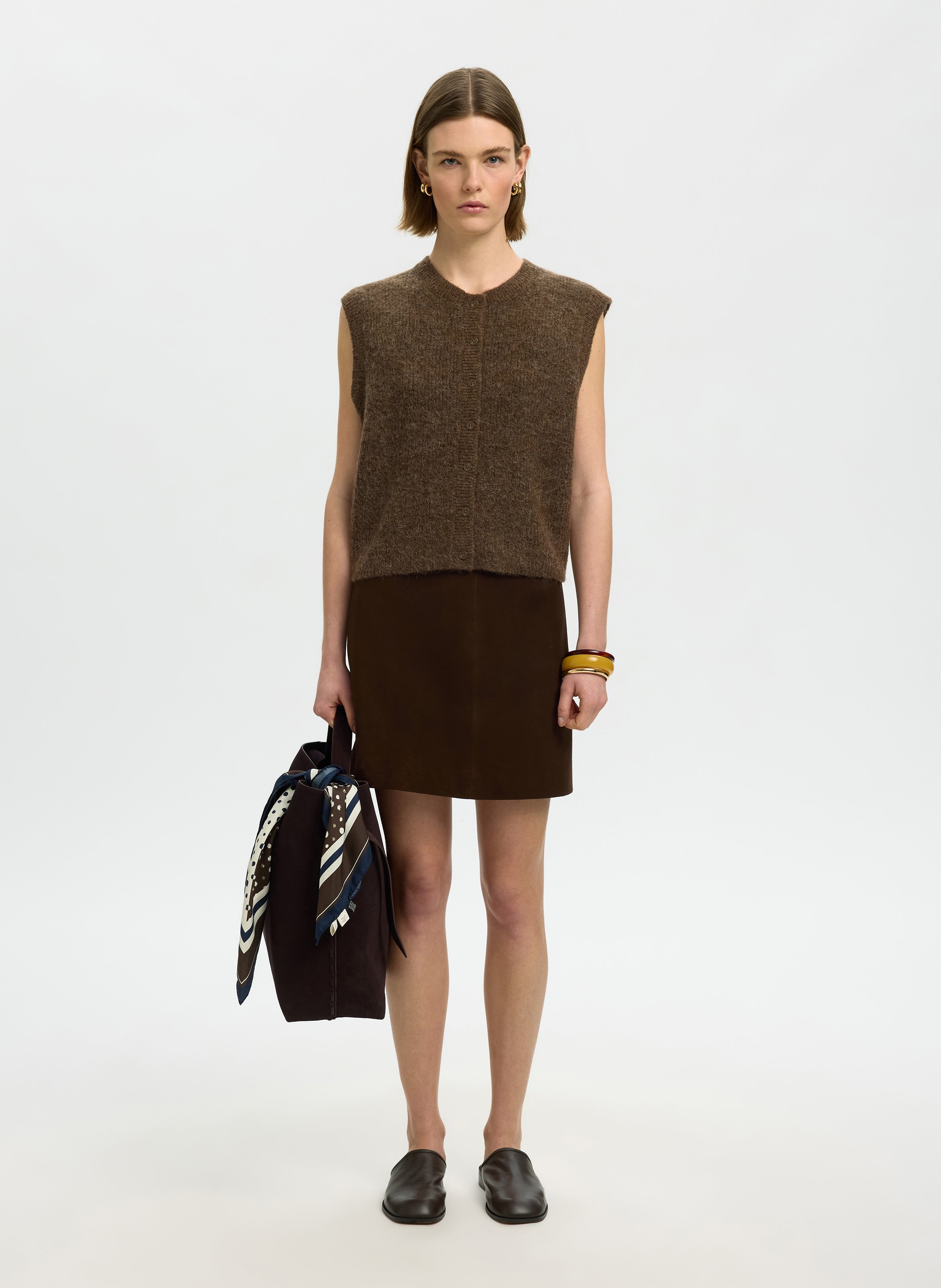 Gilet droit col rond en laine mélangée SELECTED Marron