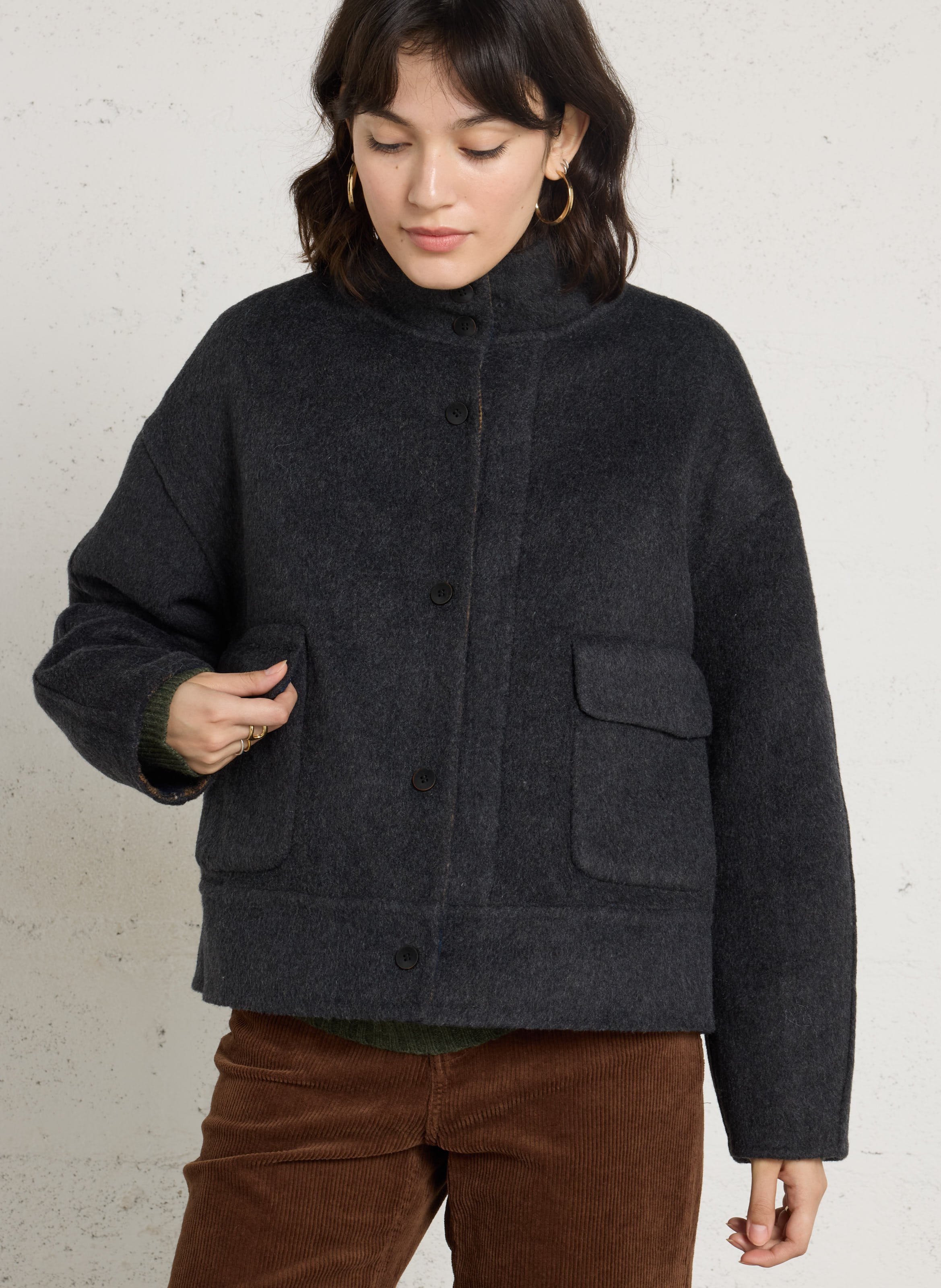 Straight high-neck jacket in checked wool blend SEE U SOON Blue