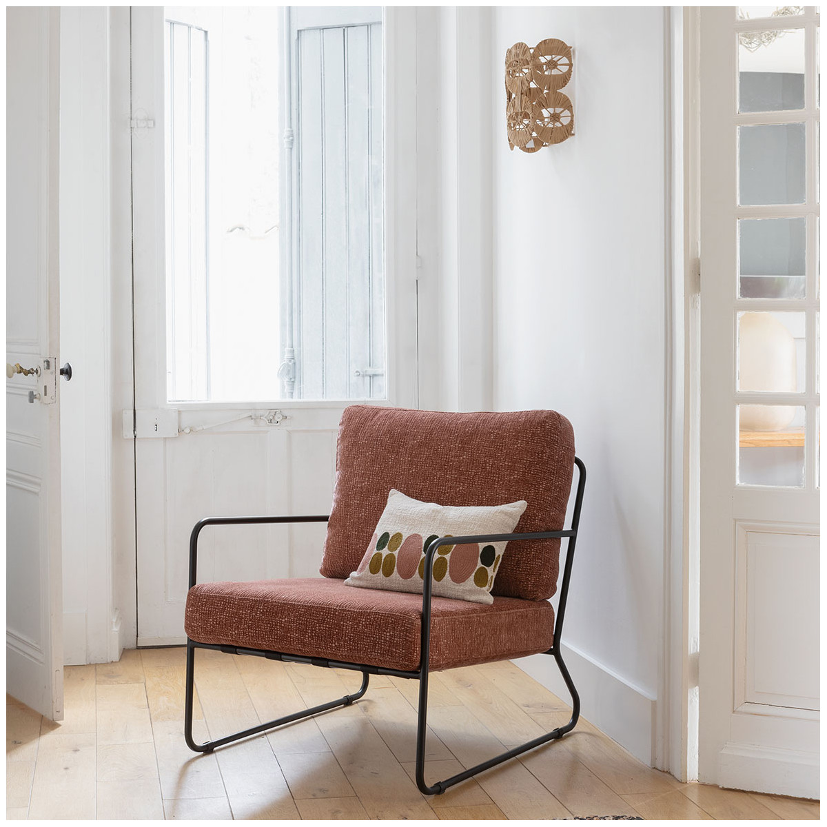 Fauteuil en tissu jacquard de velours et métal BLANC D'IVOIRE Rose