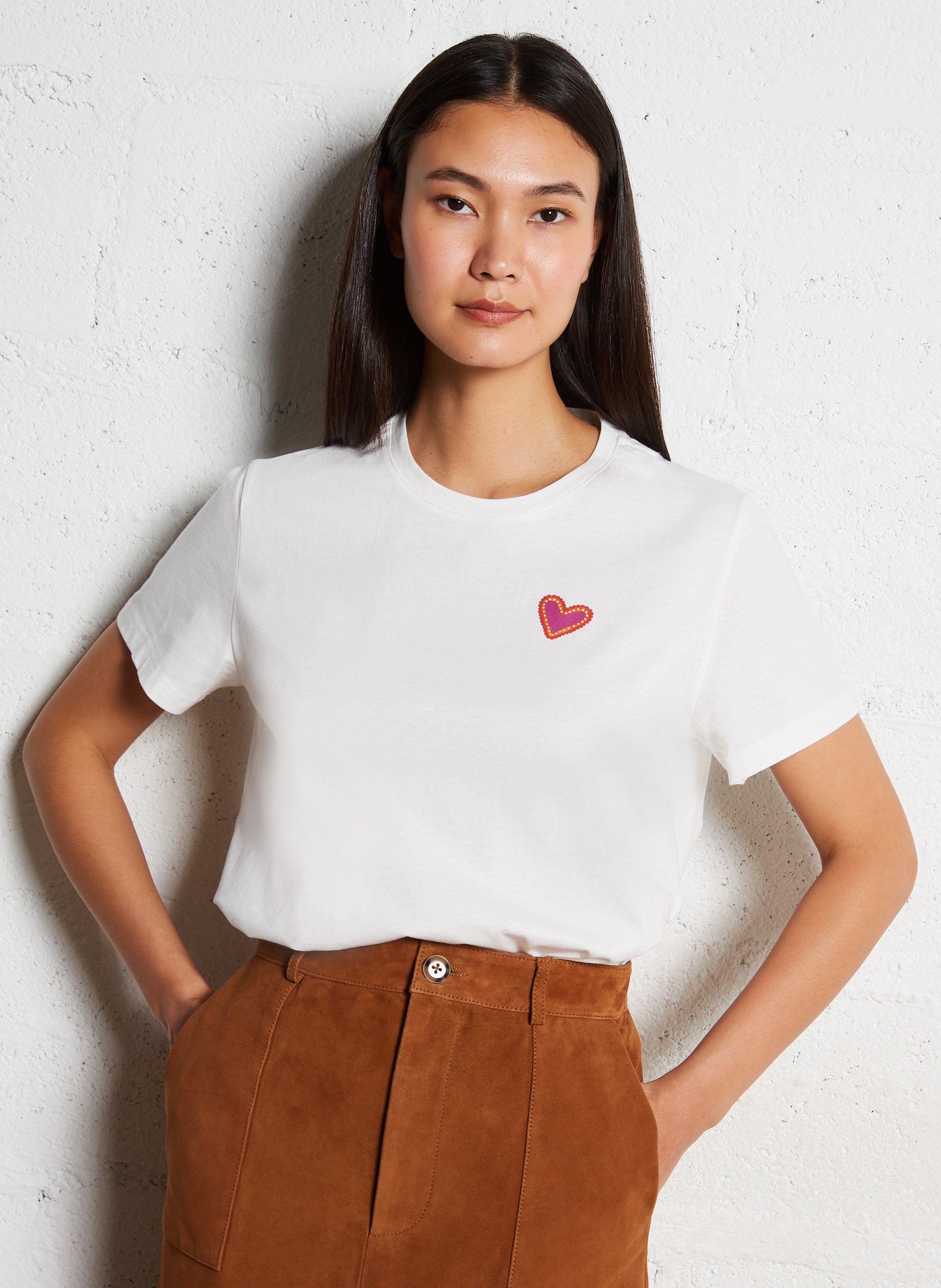 Straight round-neck cotton T-shirt with screen print LA PETITE ETOILE Beige
