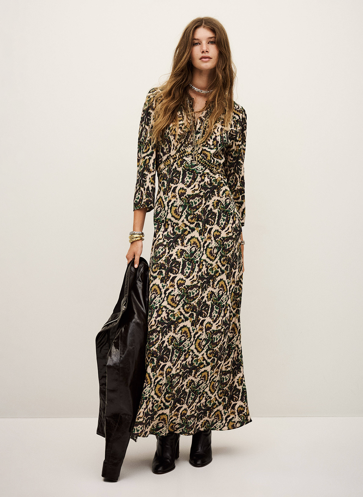 Robe longue col V imprimée BA&SH Beige