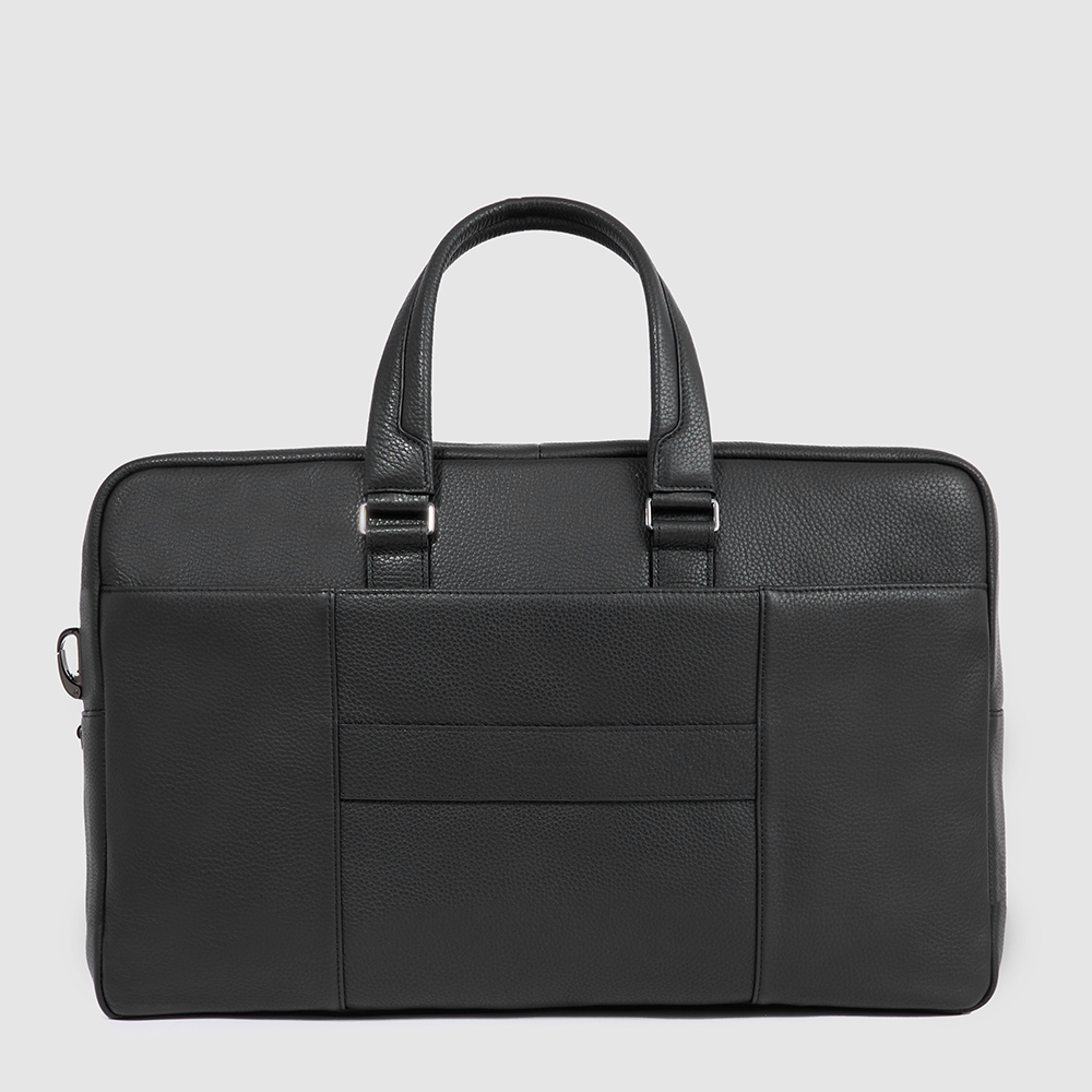 Leather travel bag with shoe compartment and trolley strap. Black