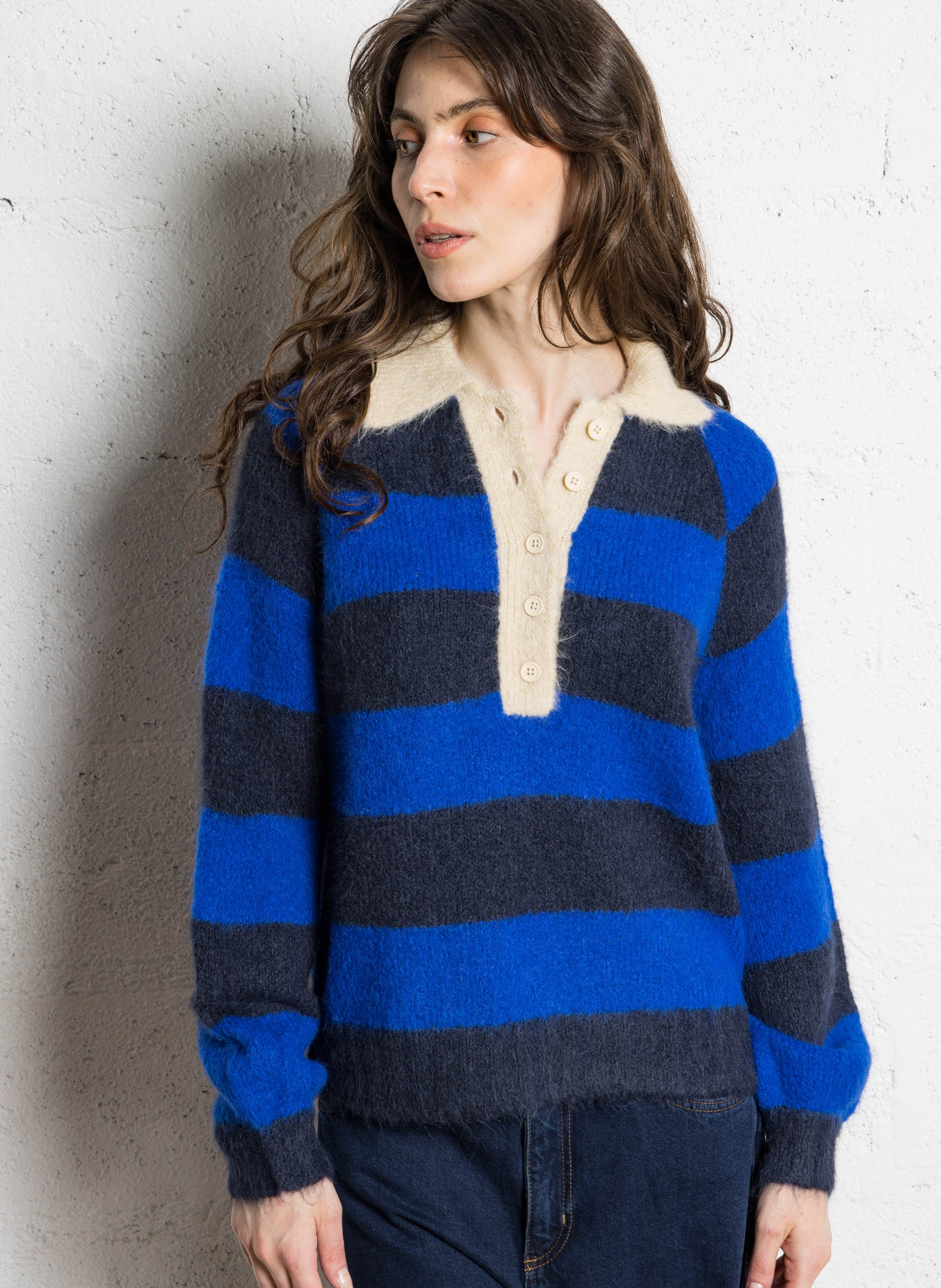 Pull col polo rayé THE TINY BIG SISTER Bleu