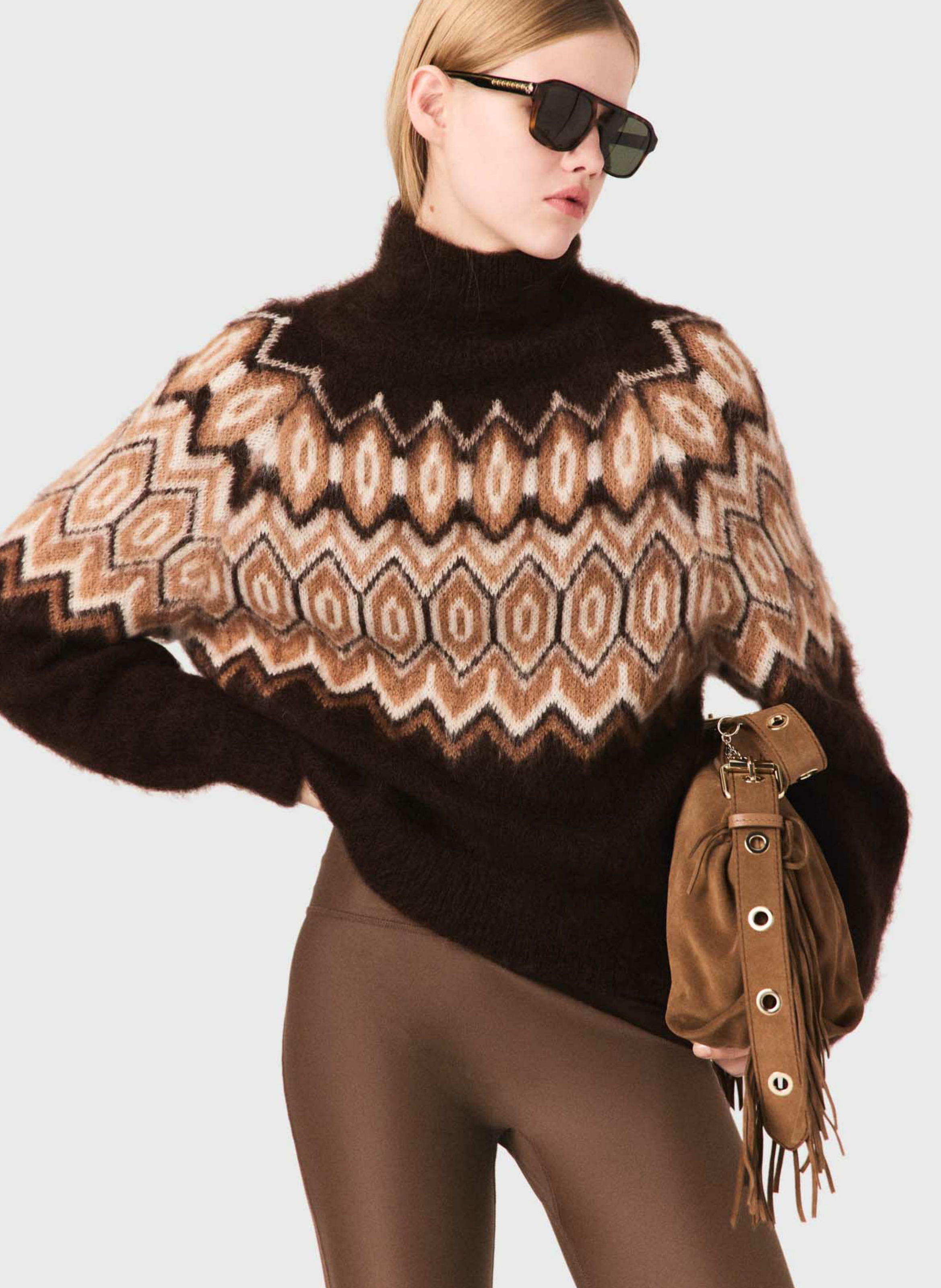 Pull jacquard col montant  MAJE Marron