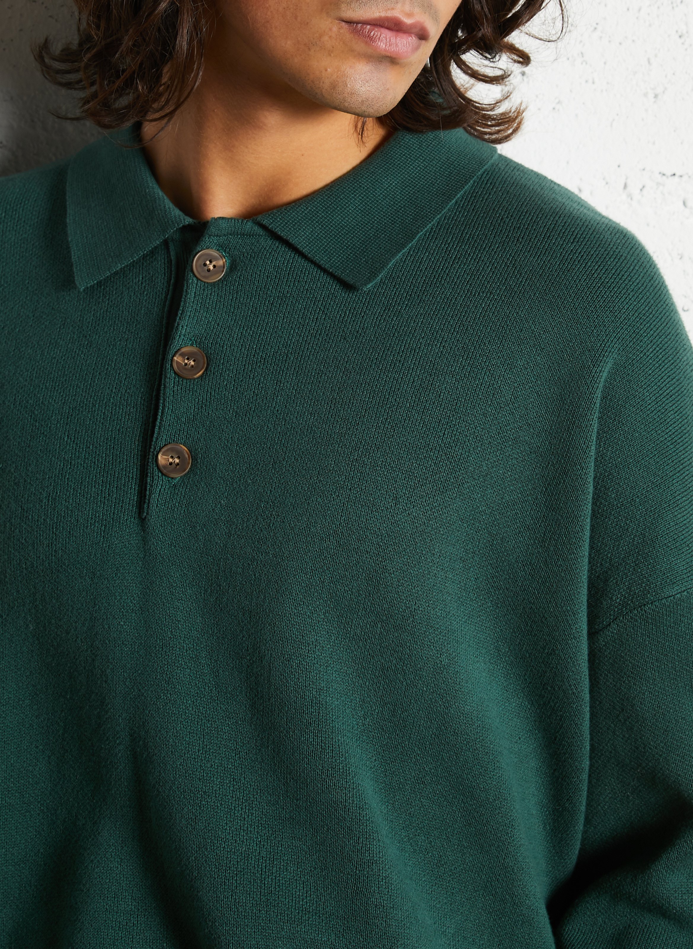 Polo-neck cotton sweater SOLID Green