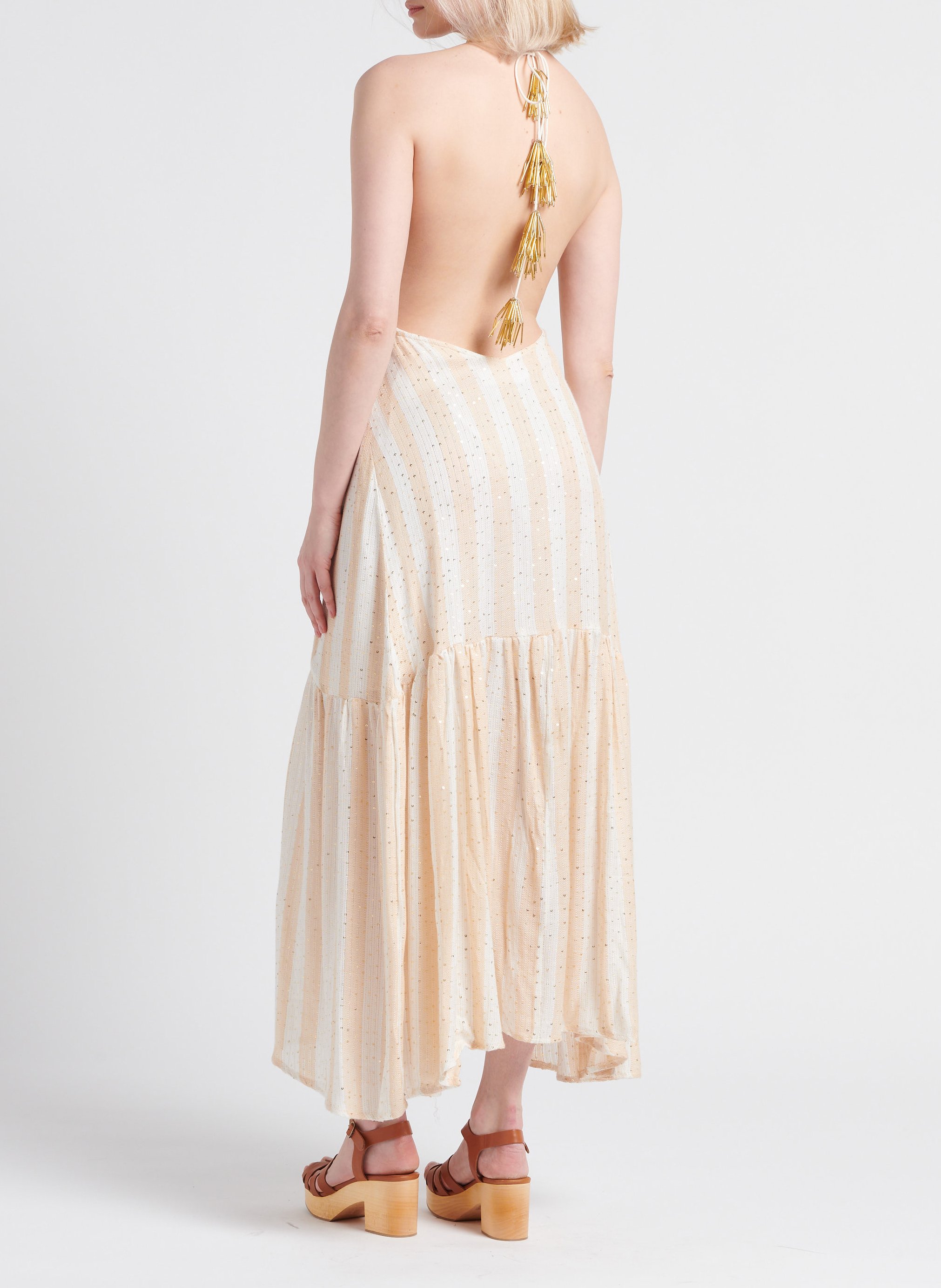 Lange jurk met strepen en lovertjes SUNDRESS Beige