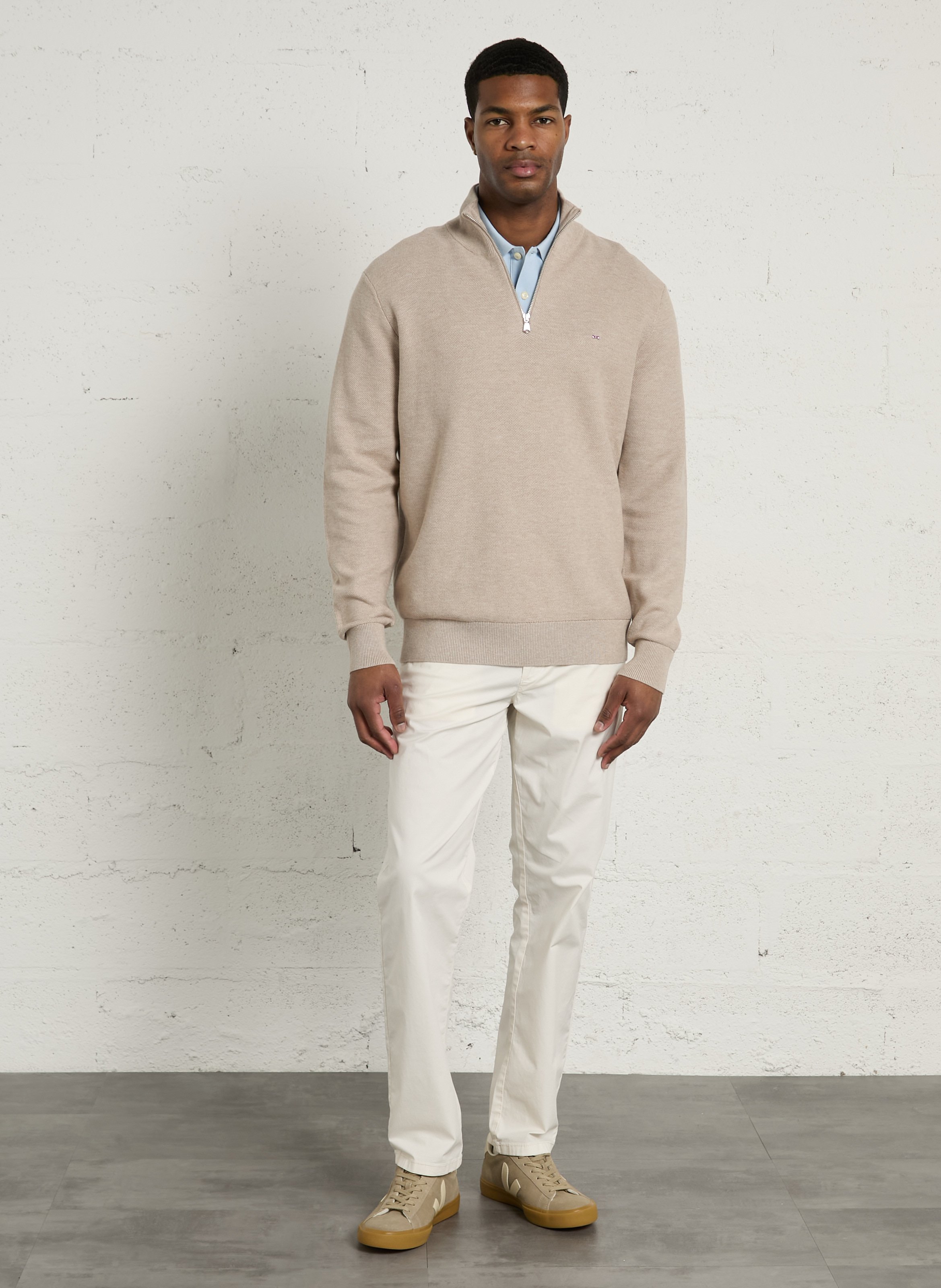 Pull droit col camionneur brodé en coton EDEN PARK Beige