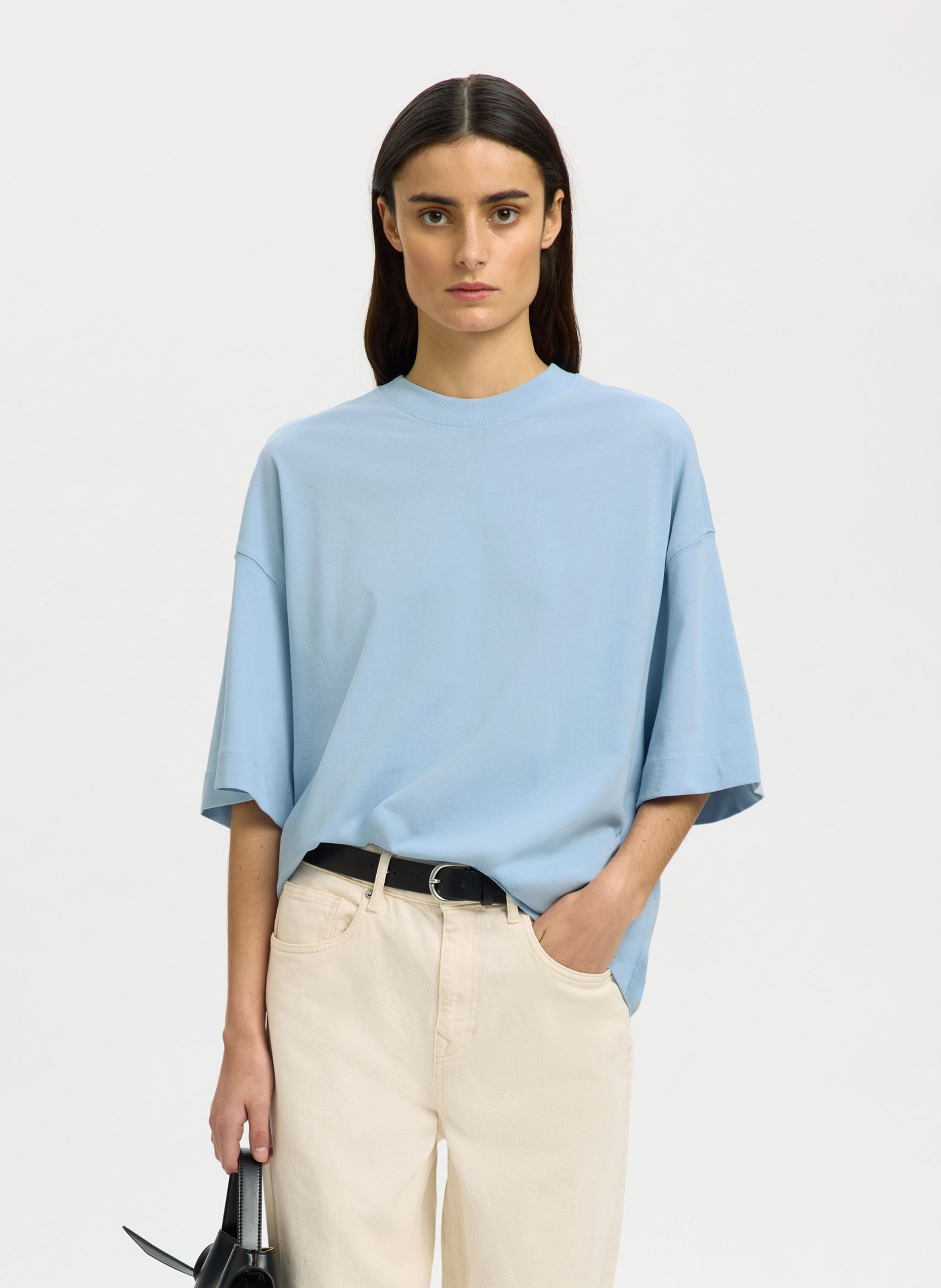 Oversized round neck organic cotton t-shirt SELECTED Blue