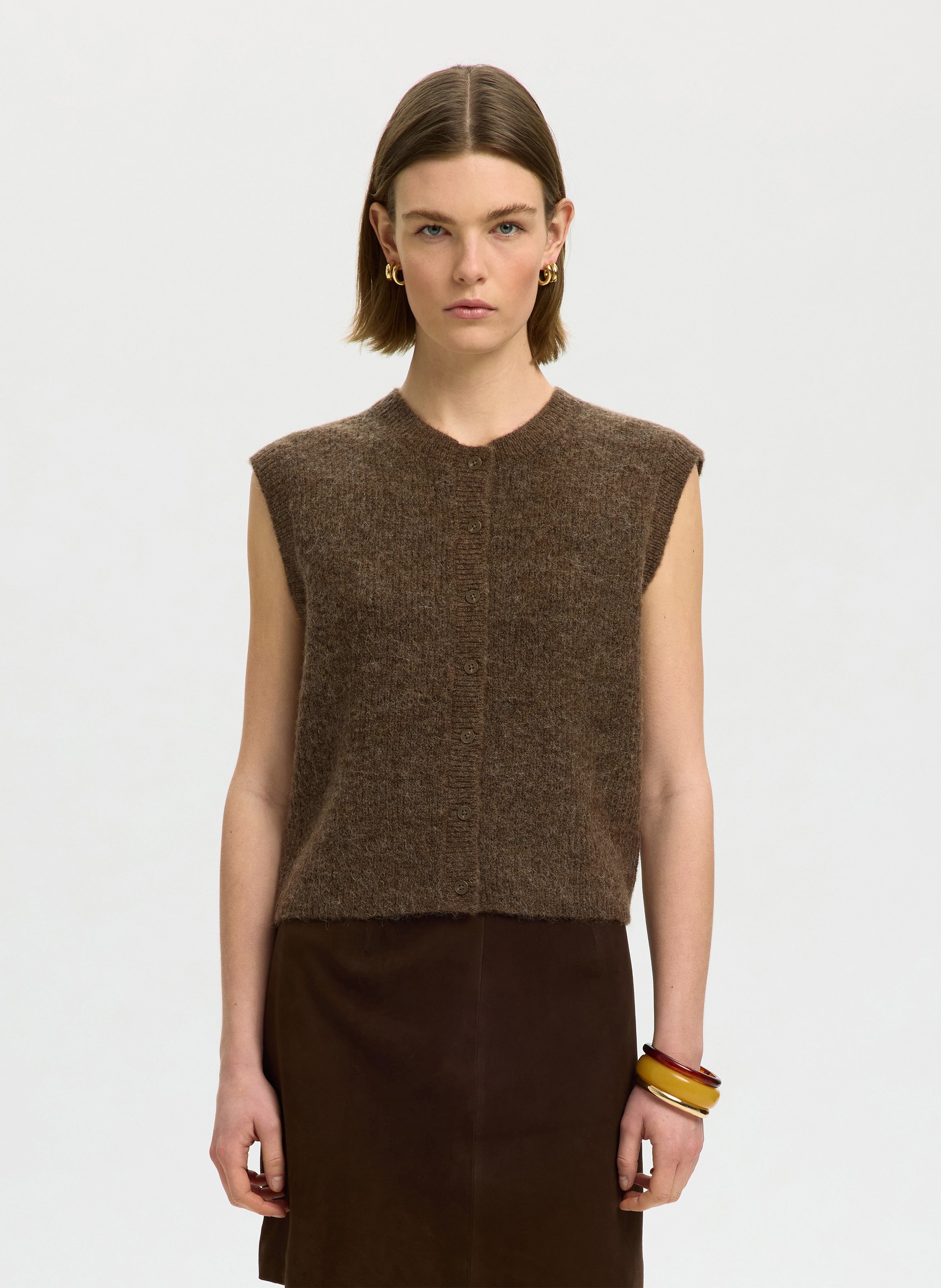 Gilet droit col rond en laine mélangée SELECTED Marron