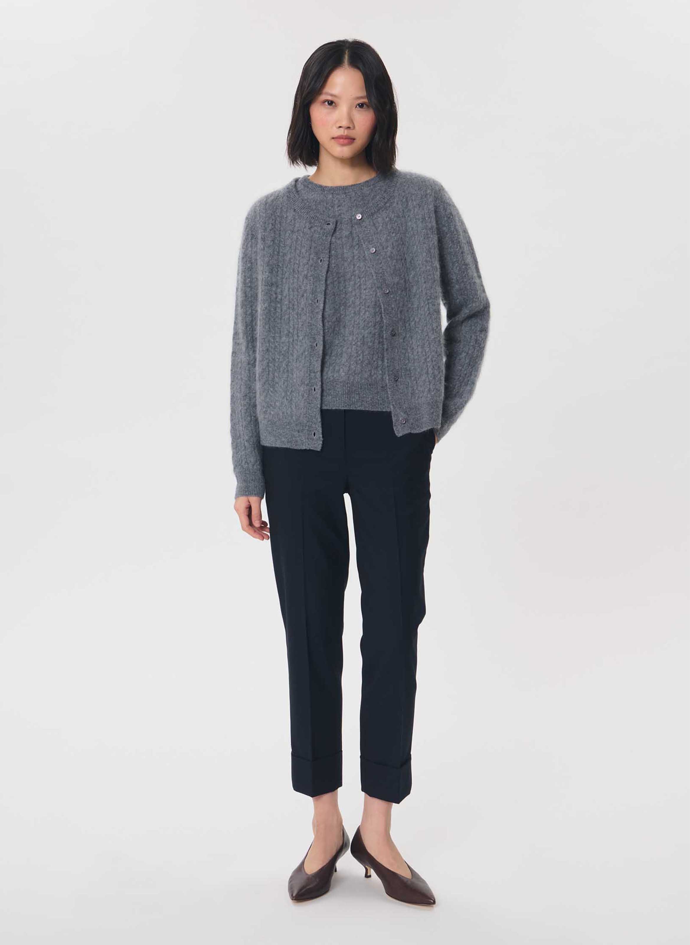Plain straight-fit crew-neck wool cardigan TARA JARMON Grey