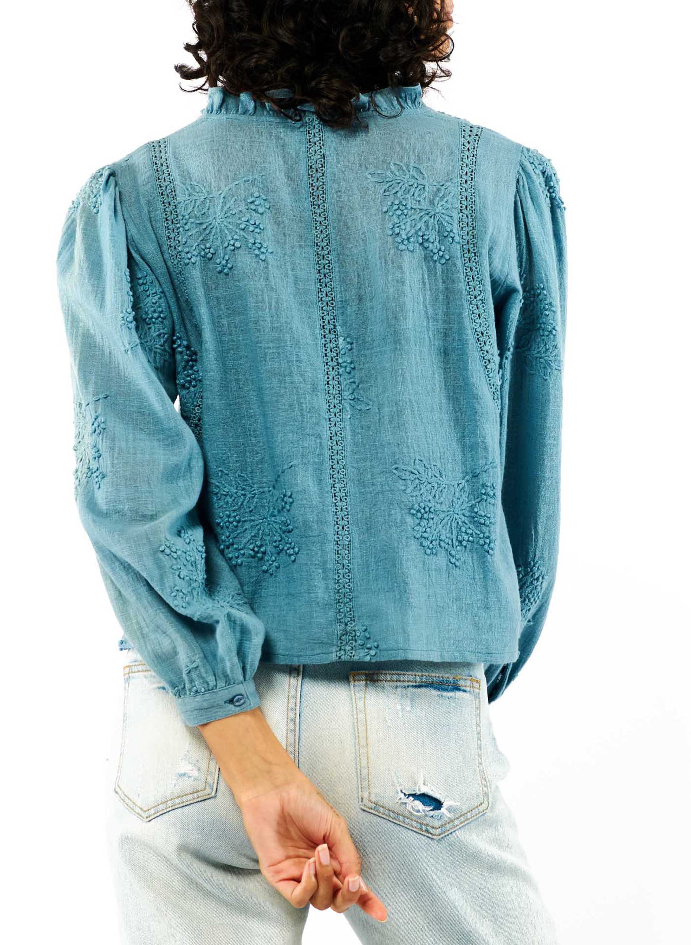 Embroidered cotton Tunisian collar top WILD Blue