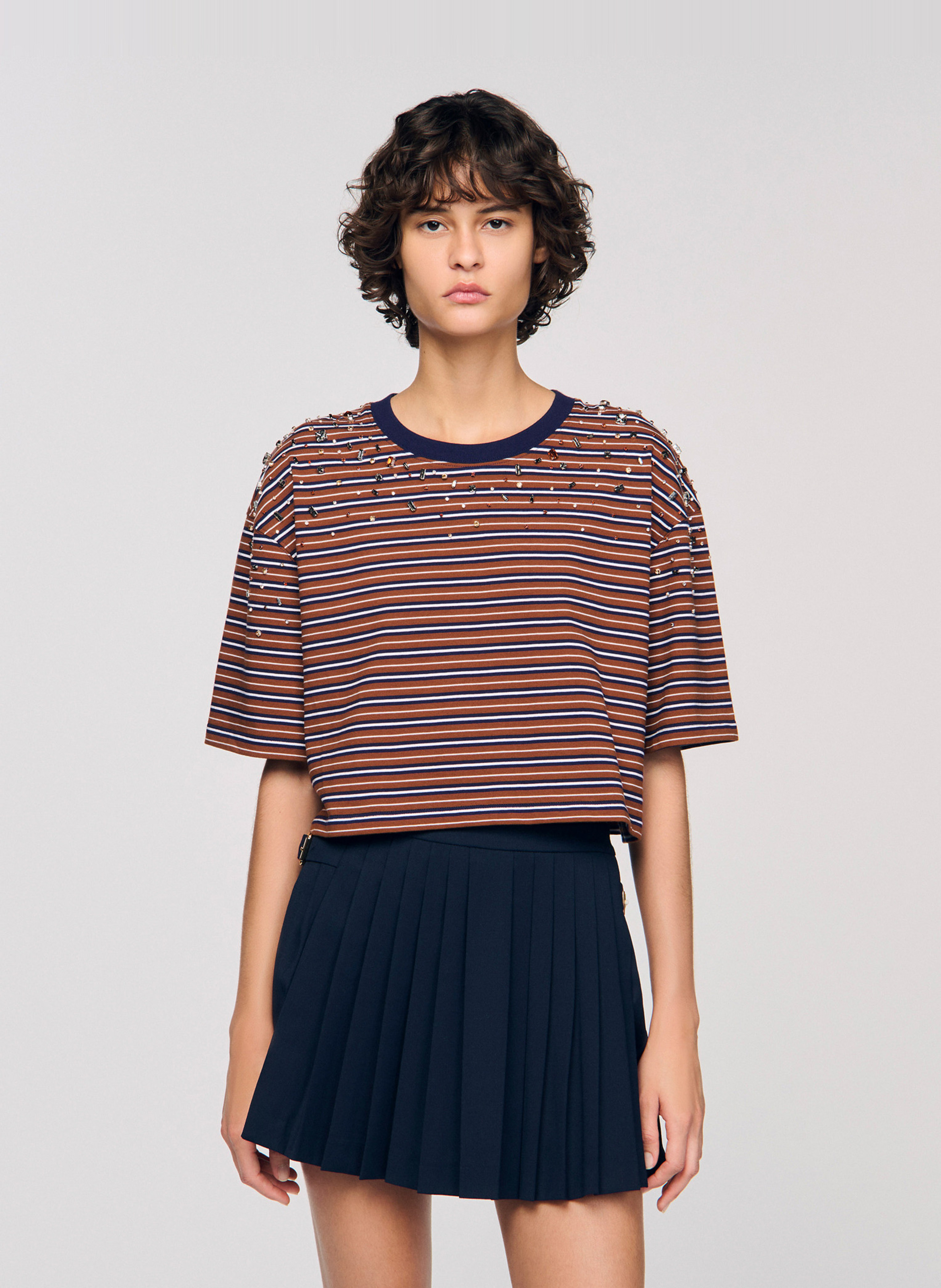 Tee-shirt ample col rond en coton SANDRO Marron