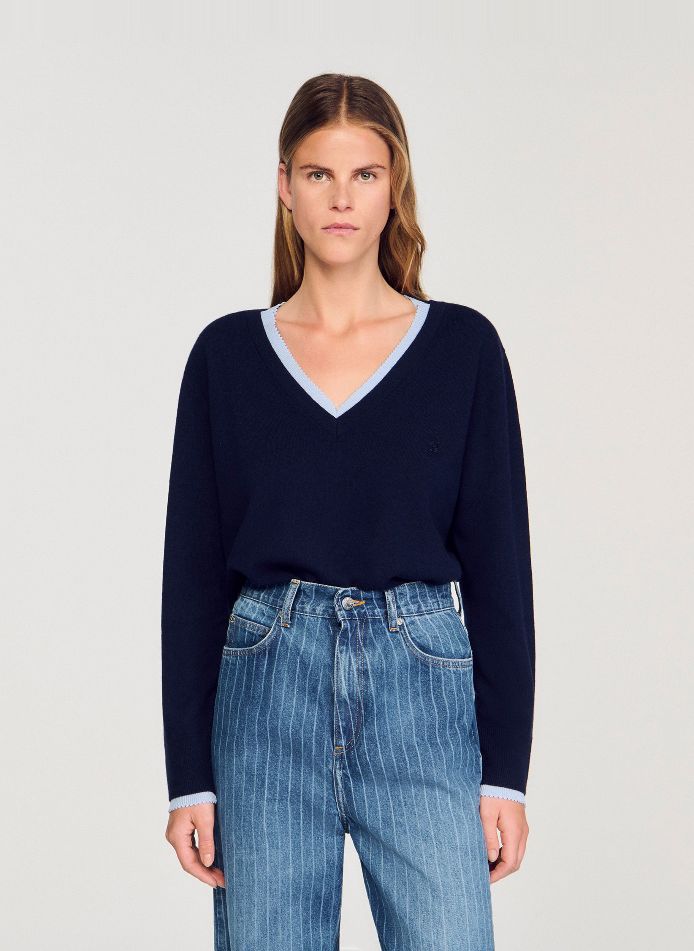 Pull oversize col V en laine et cachemire SANDRO Bleu