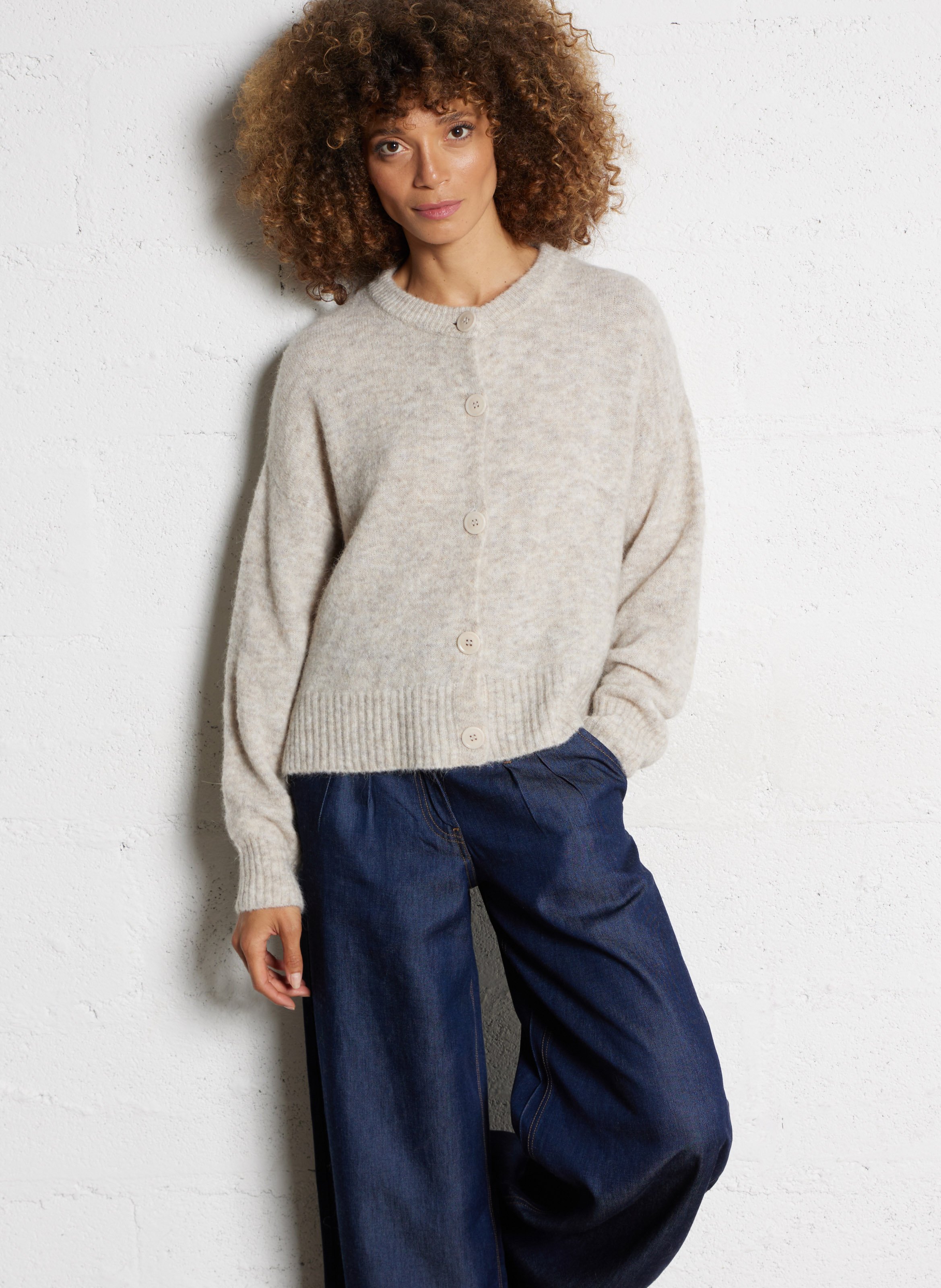 Gilet ample col rond en maille mélangée MAISON ANJE Marron