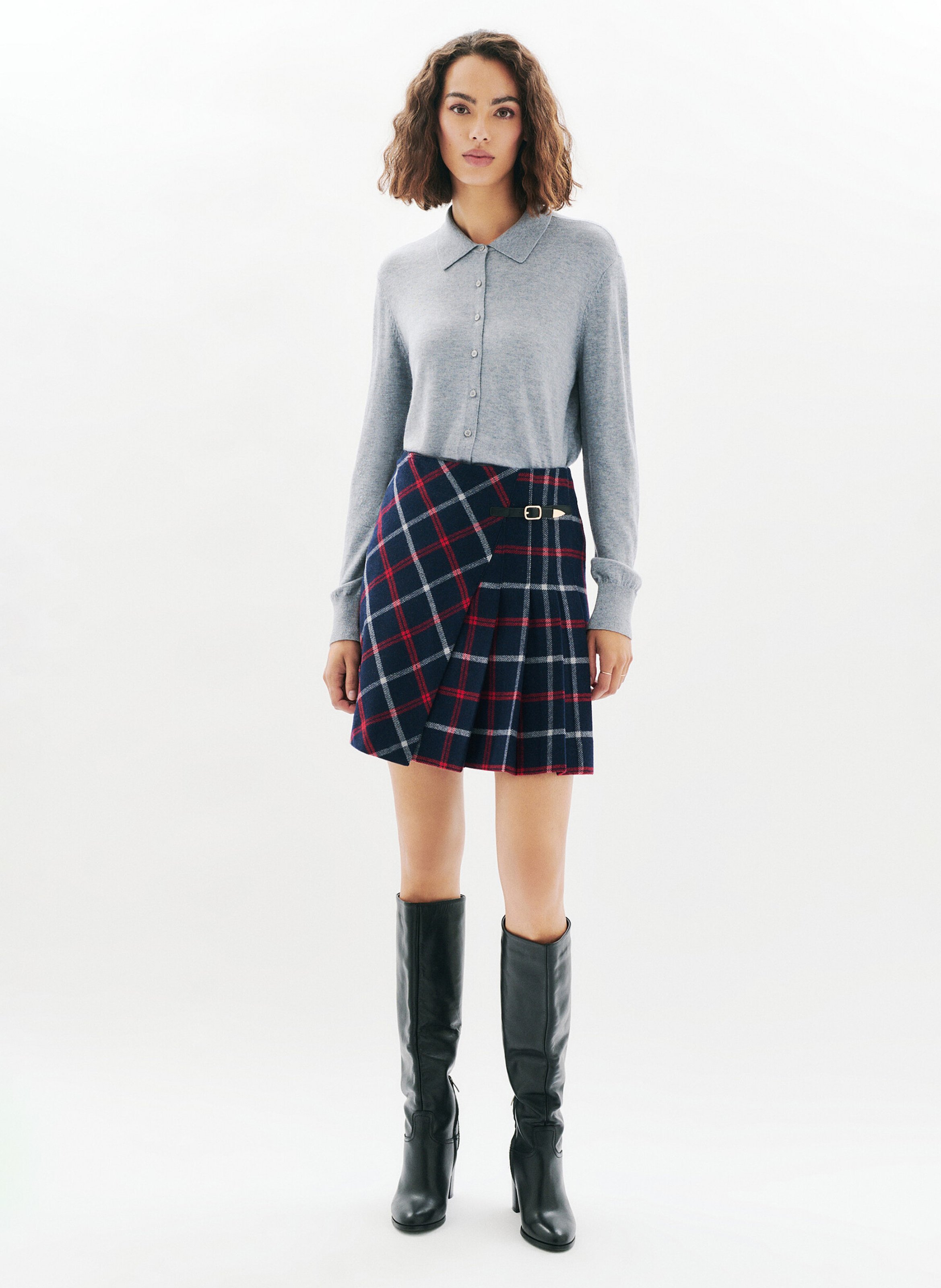 Jupe courte évasée en laine recyclée mélangée CAROLL Bleu