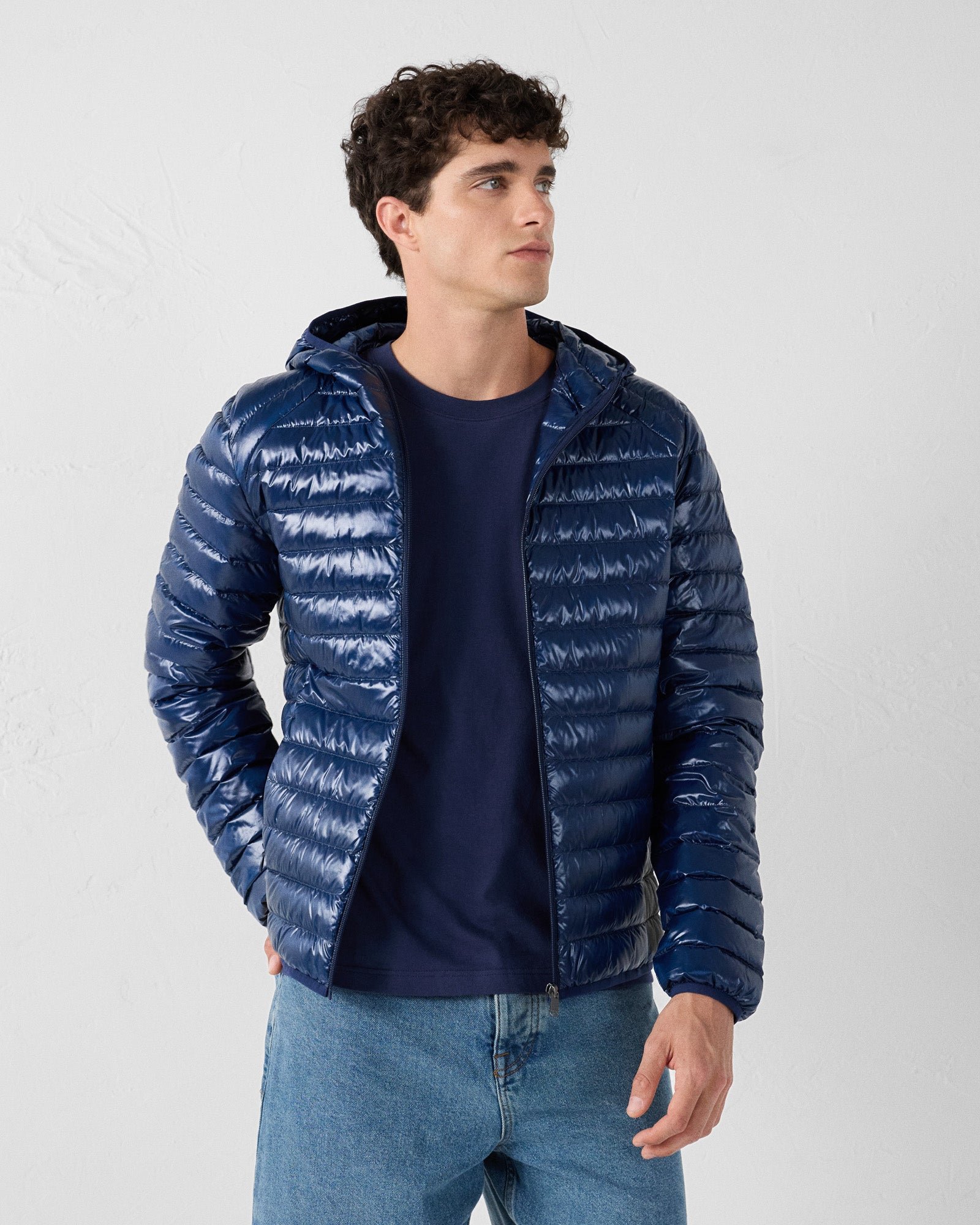 Lightweight shiny hooded down jacket JOTT Blue