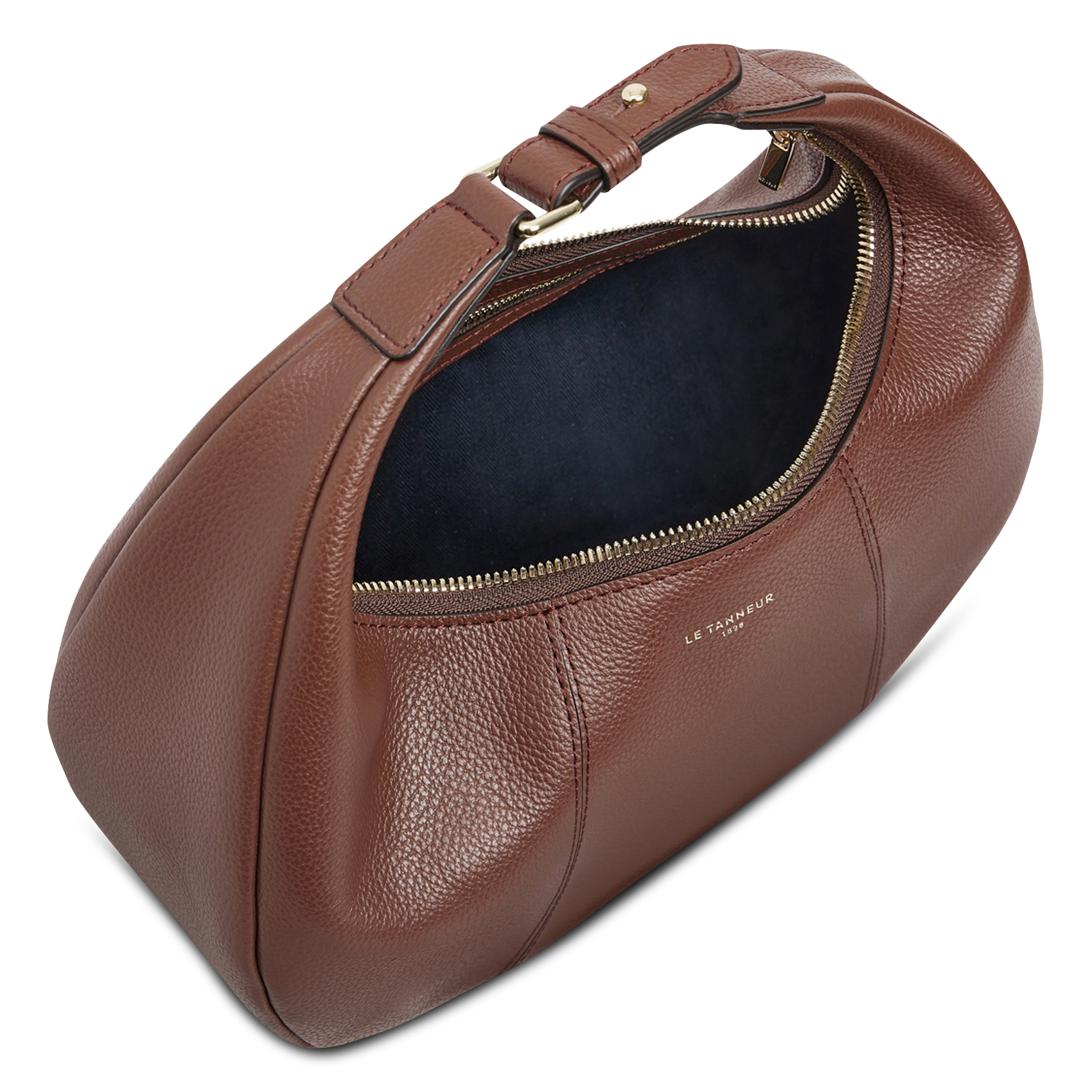 Kleine hobo tas met rits in korrelig leer Bruin